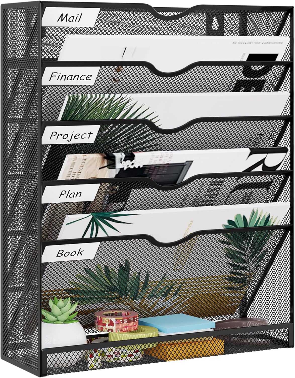 EasyPAG 5-Tier Wall File Holder, Mesh Hanging Folder Organizer with Classify Label, Versatile Desk File Organizer for Office Home, Vertical Wall Mounted Mail Sorter, Sides Closed, Black