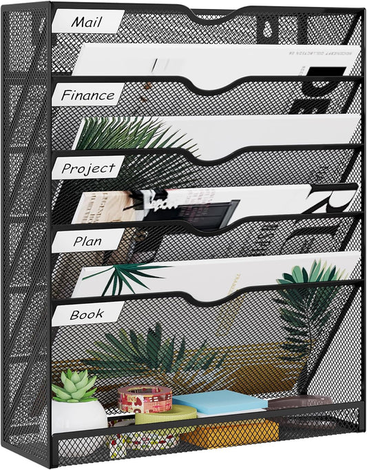 EasyPAG 5-Tier Wall File Holder, Mesh Hanging Folder Organizer with Classify Label, Versatile Desk File Organizer for Office Home, Vertical Wall Mounted Mail Sorter, Sides Closed, Black