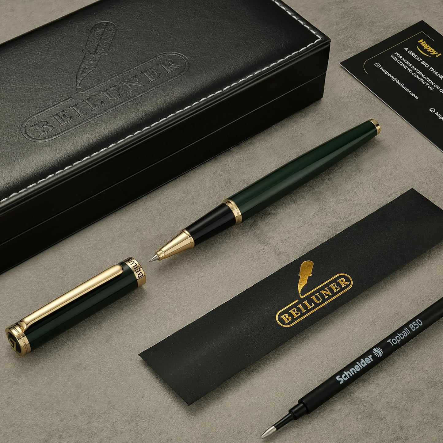 BEILUNER Luxury Rollerball Pen, Stunning Green Lacquer with 24K Gold Trim,Noble and Elegant Designs,Schneider Ink Refill, Best Gift Set for Men & Women, Refillable, Executive Writing, Nice Pens