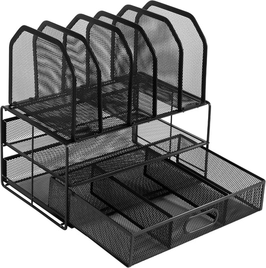 Amazon Basics Mesh Desk Organizer with Sliding Drawer, Double Tray and 5 Upright Sections, Black