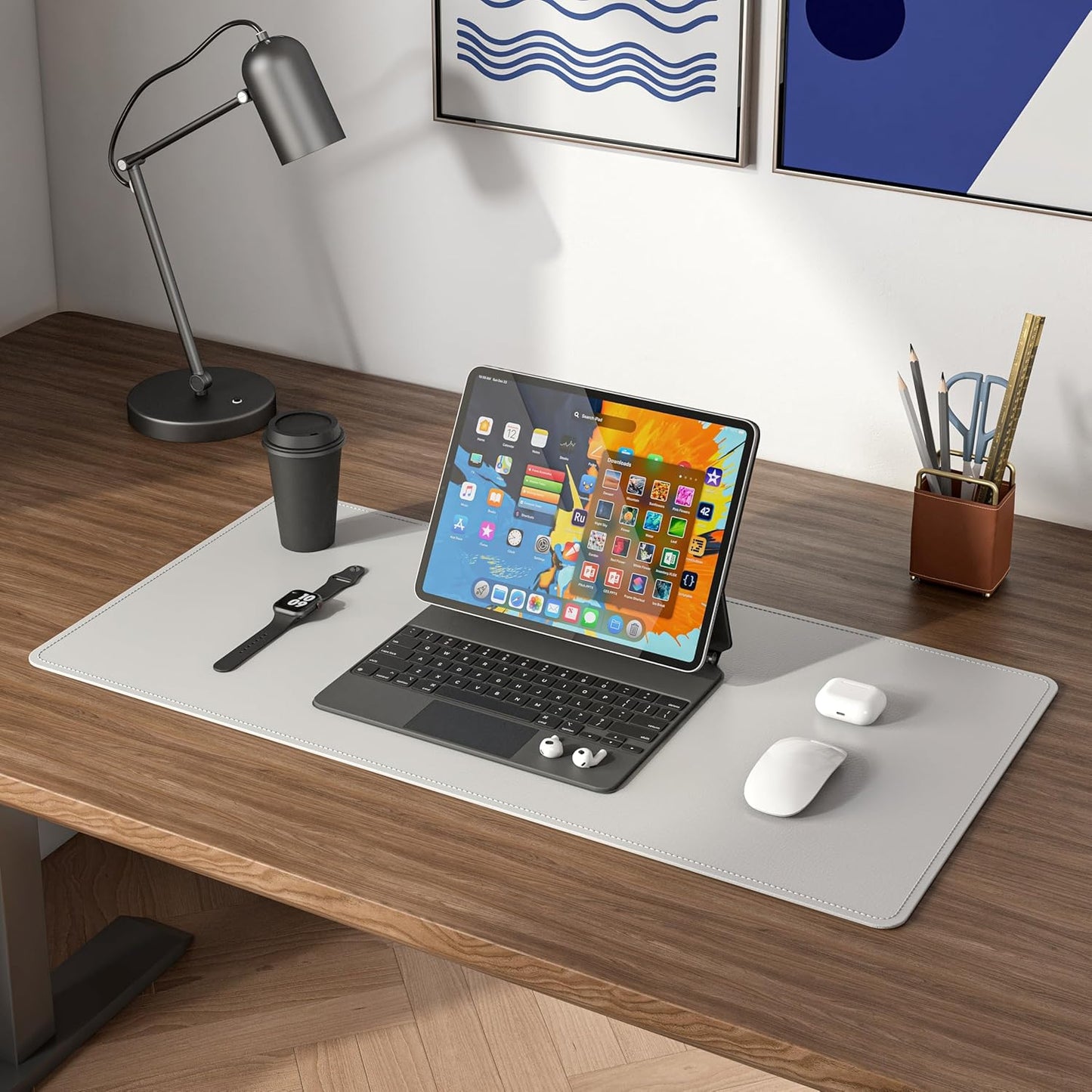 DAWNTREES Desk Mat Protector,PU Leather Laptop Pad,Non Slip, 23.6" x 13.8" Large Mouse Pad and Keyboard Mat, Waterproof Writing Pad for Office and Home (Light Gray)