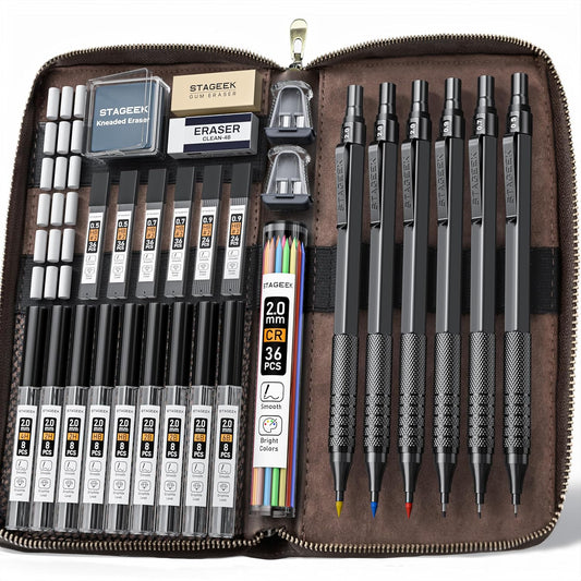 30PCS Black Metal Mechanical Pencil Set in Leather Case, 0.5/0.7/0.9/2.0mm Art Drafting Pencils with 16 Tubes Graphite Leads (6B 4B 2B HB 2H 4H) & Colored Refills for Sketching, Drawing, Writing