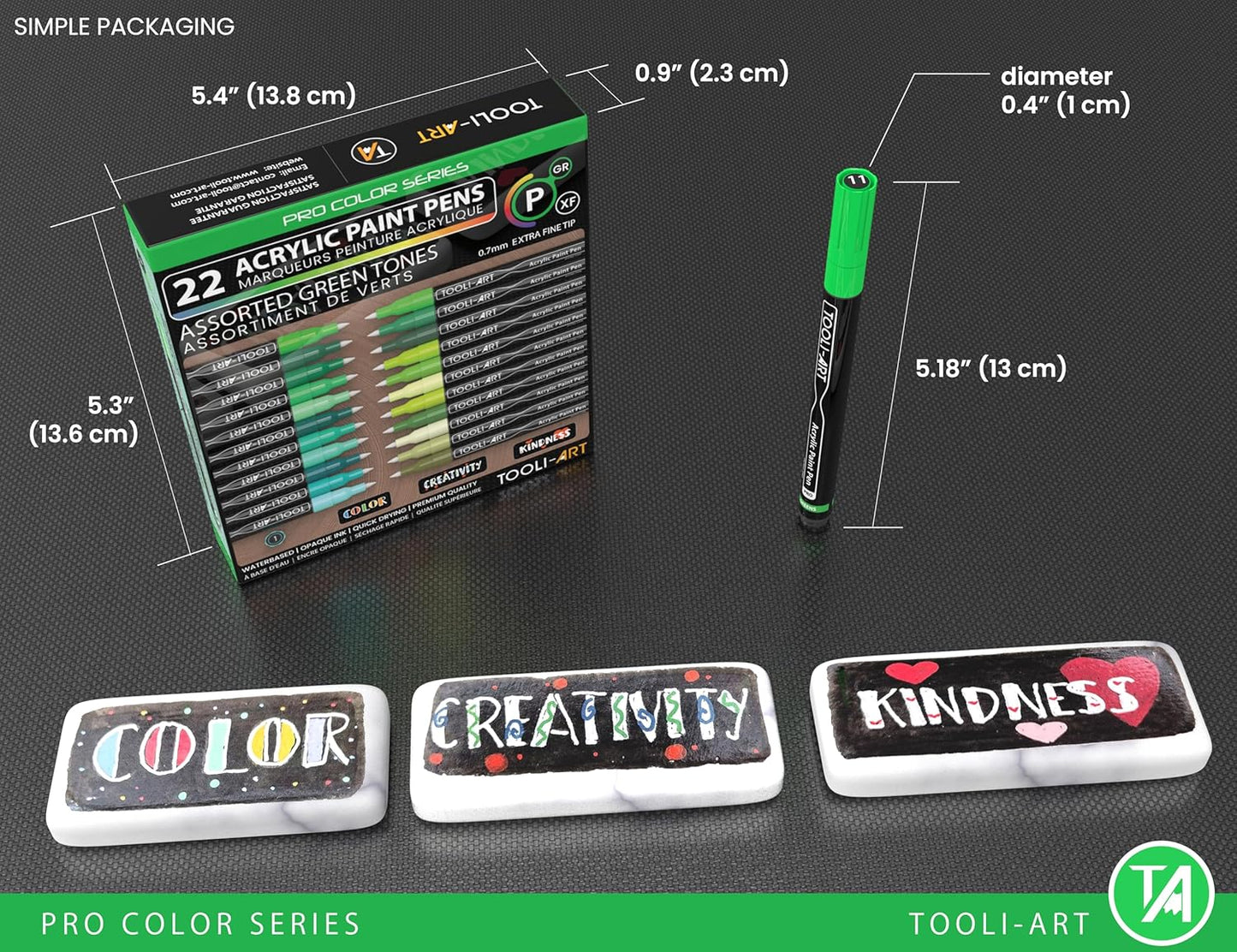 Acrylic Paint Pens 22 Green Tones Assorted Pro Color Series Markers Set 0.7mm Extra Fine Tip for Rock Painting, Glass, Mugs, Wood, Metal, Canvas, Projects, Non Toxic, Waterbased, Quick Drying