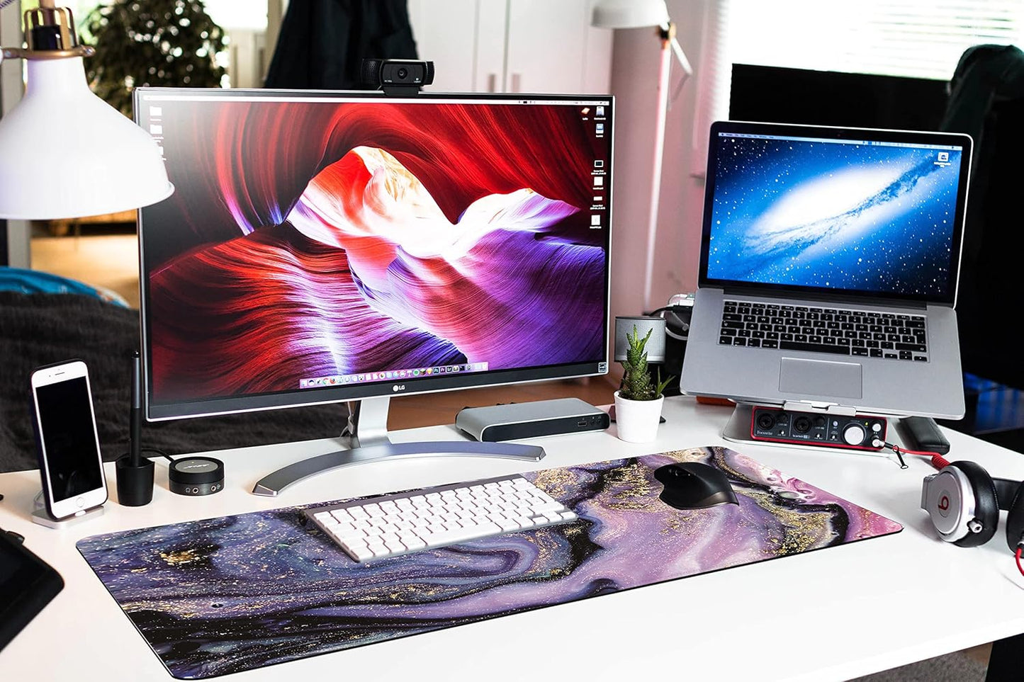 Desk Mat, Purple Marble Pattern Large Desk Pad Extended Gaming Mouse Pad, 35.4 x 15.7inch Mouse Pad with Non-Slip Rubber Base Stitched Edges, Home Office Decor for Women Girls Men Boys