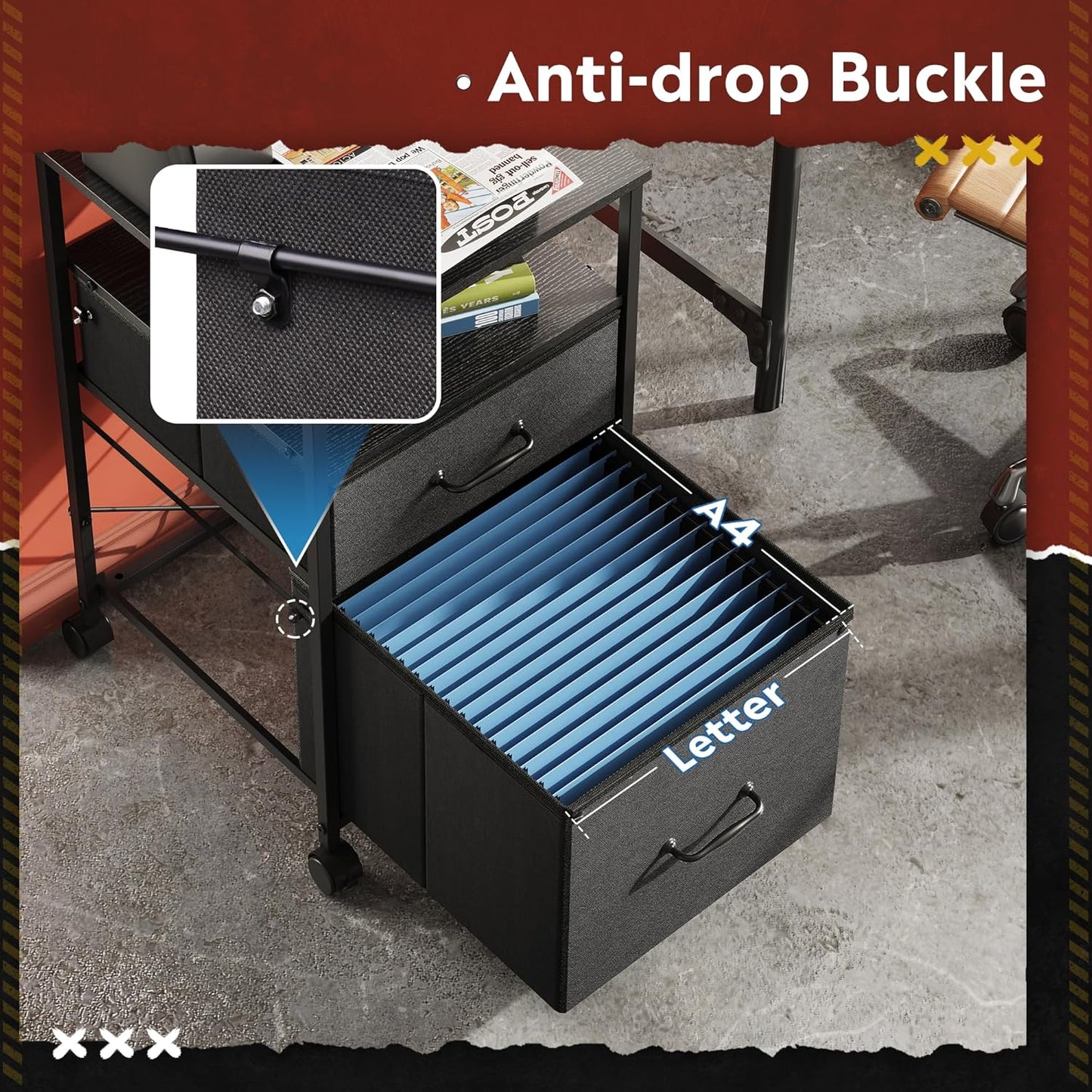 DEVAISE Mobile File Cabinet, Rolling Printer Stand with Open Storage Shelf, Fabric Vertical Filing Cabinet fits A4 or Letter Size for Home Office, Black