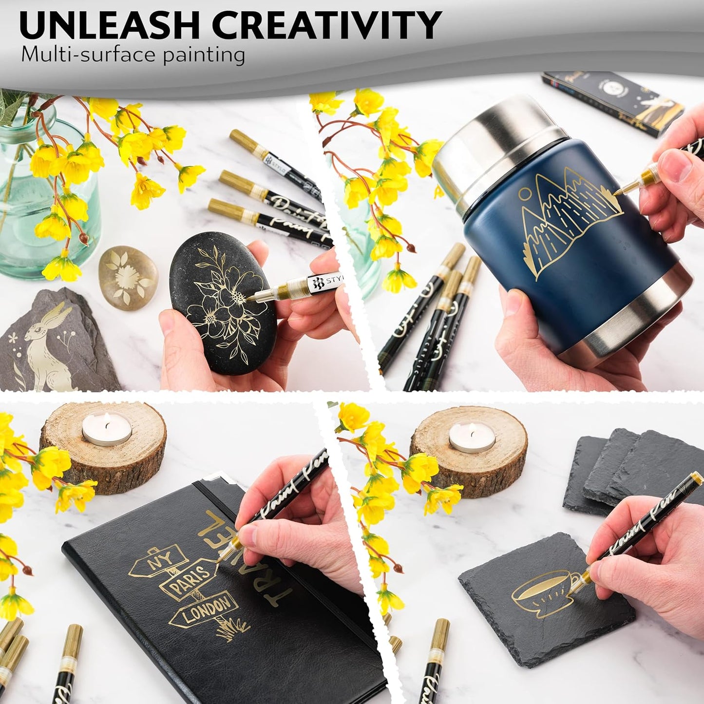 Stylo 8 Count Acrylic Metallic Pens - Gold Paint Pens - Fine Tip Permanent Acrylic Metallic Paint Markers for Rock Painting, Glass, Wood, Ideal for Arts and Crafts (Pack of 8, Gold)