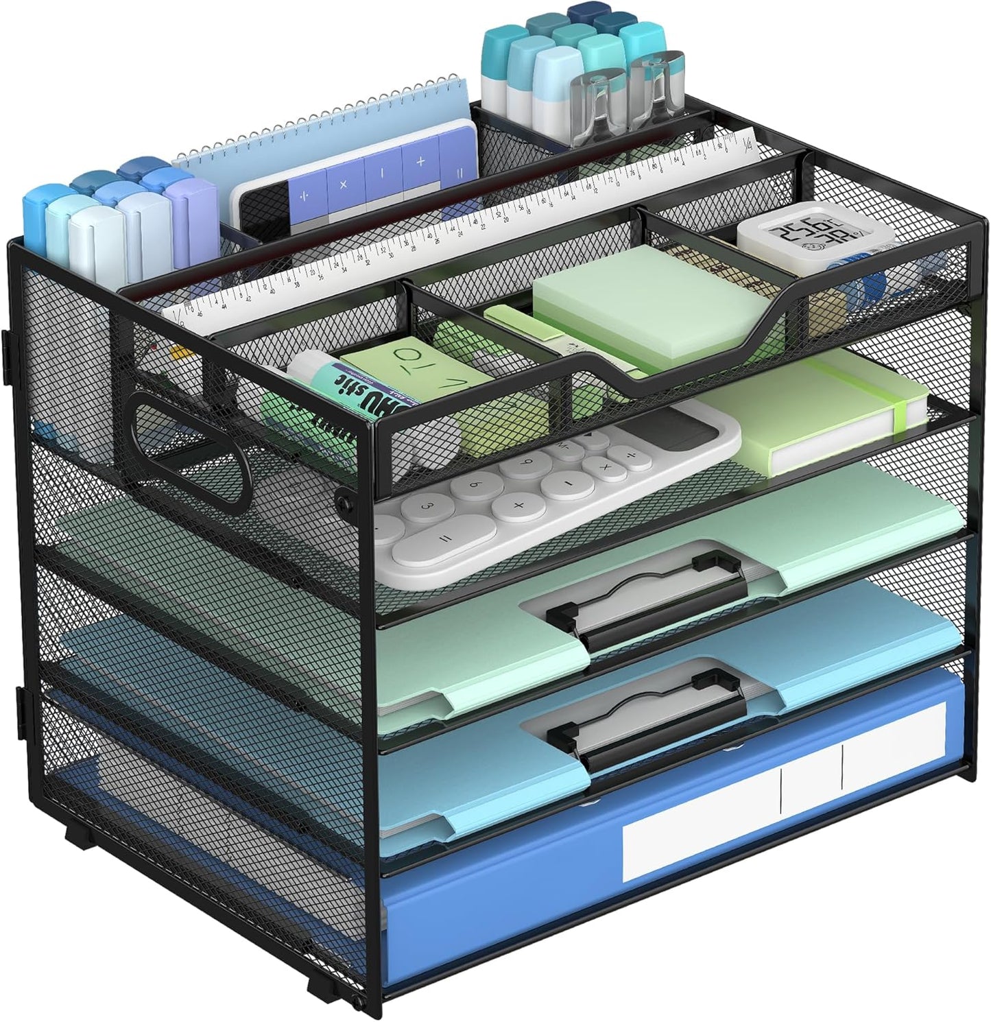 Docnest 5 Tier Mesh Desk Organizer- Letter Tray with Adjustable Compartments, Mesh Desktop Storage Built in Pen Holder and Handles, Desk Organizer Tray for Mail Documents Office Supplies-Black