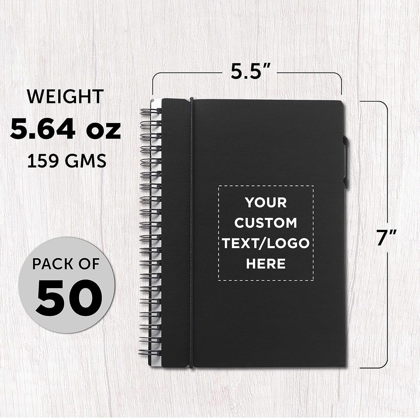 DISCOUNT PROMOS Custom Spiral Notebooks with Elastic Closure Set of 50, Personalized Bulk Pack - Perfect for School, Office, Business and More - Black