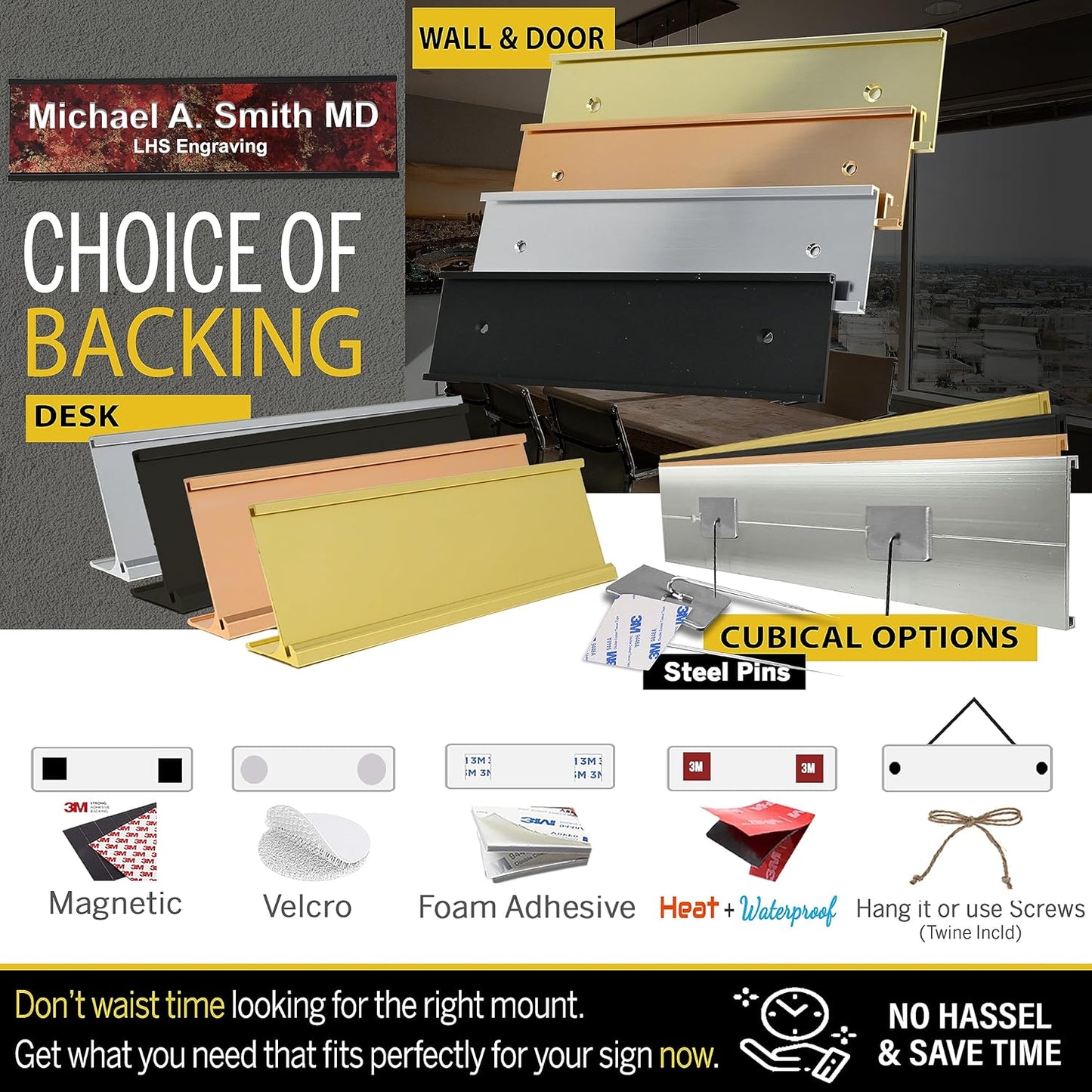 Door Name Plate Personalized for Office Ash Plastic Name Plate White Letters - Made in USA 2x8 N1