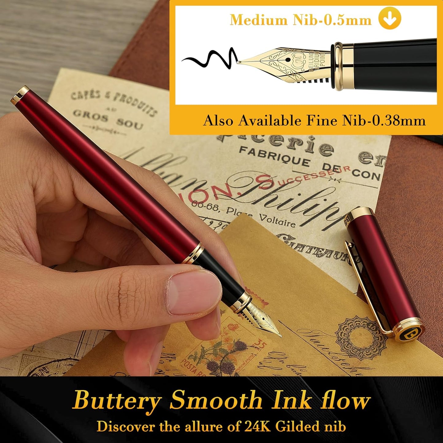 BEILUNER Red Fountain Pen,Stunning Luxury,24K Gilded Nib(Medium),Gorgeous 24K Gold Finish, Ink Converter,Trustworthy Pen Gift for Men&Women-Elegant,Fancy,Executive,Calligraphy, Nice Pens for Writing