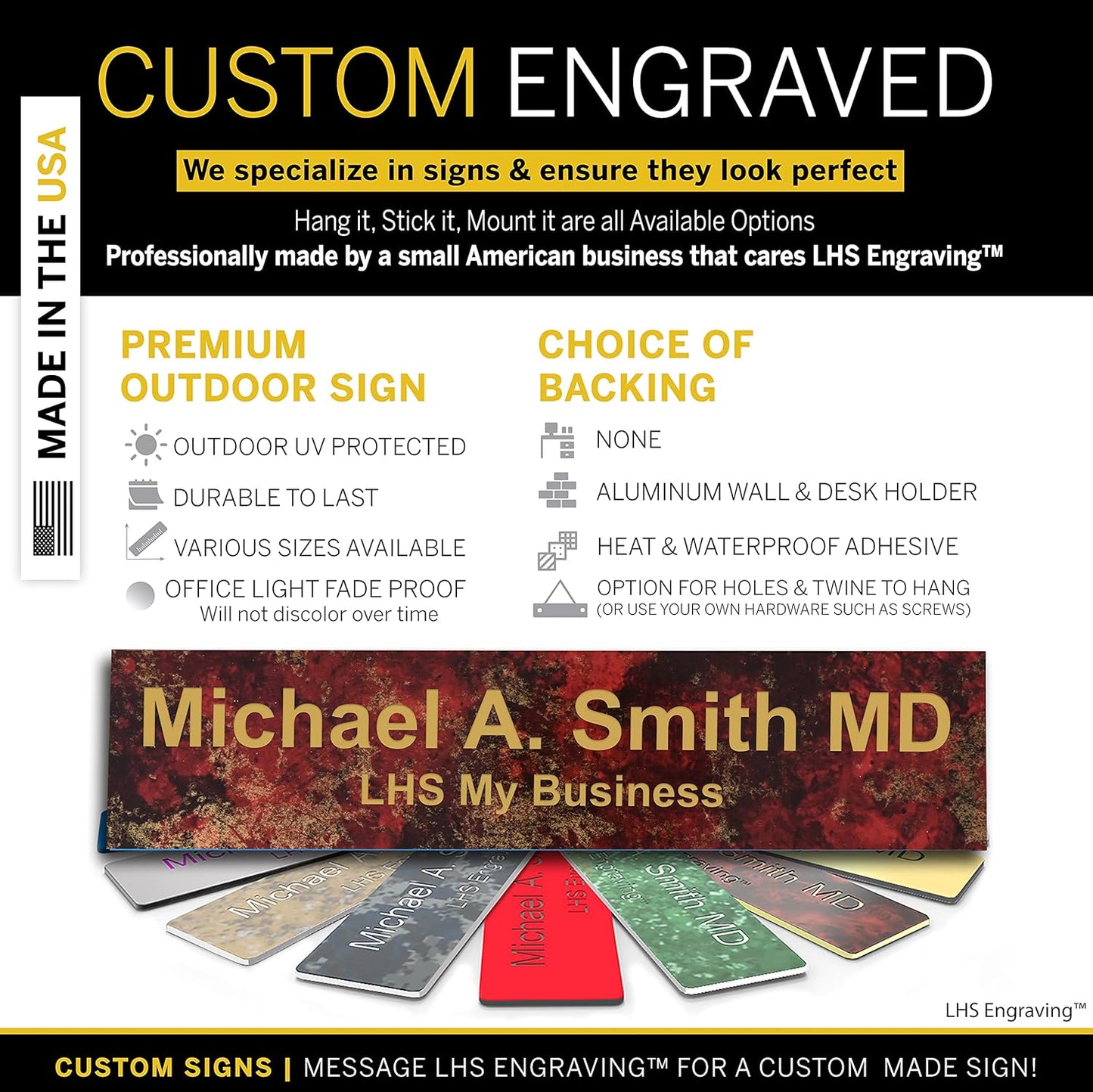 Engraved Name Plates for Door Sign Personalized Rustico Granite Pattern Plastic Plaque with Gold Letters - Made in USA 2x6 S7