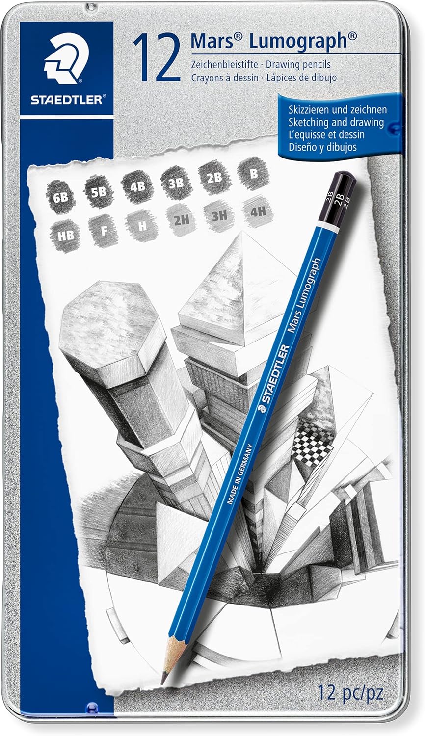 STAEDTLER Mars Lumograph Art Drawing Pencils (Graphite, 12 Pack in Metal Case) with Double Hole Pencil Sharpener