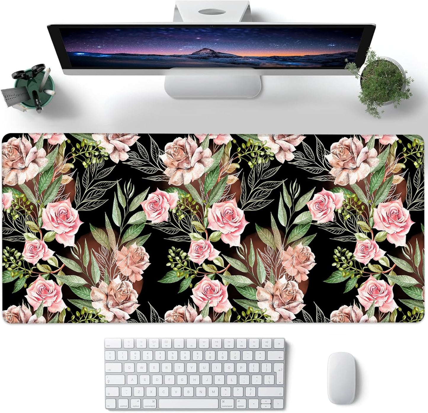 Desk Mat, Watercolor Rose Flowers Eucalyptus Leaves Large Gaming Mouse Pad with Non-Slip Base Stitched Edges,Desk pad for Keyboard and Mouse Home Office 35.4"x15.7"