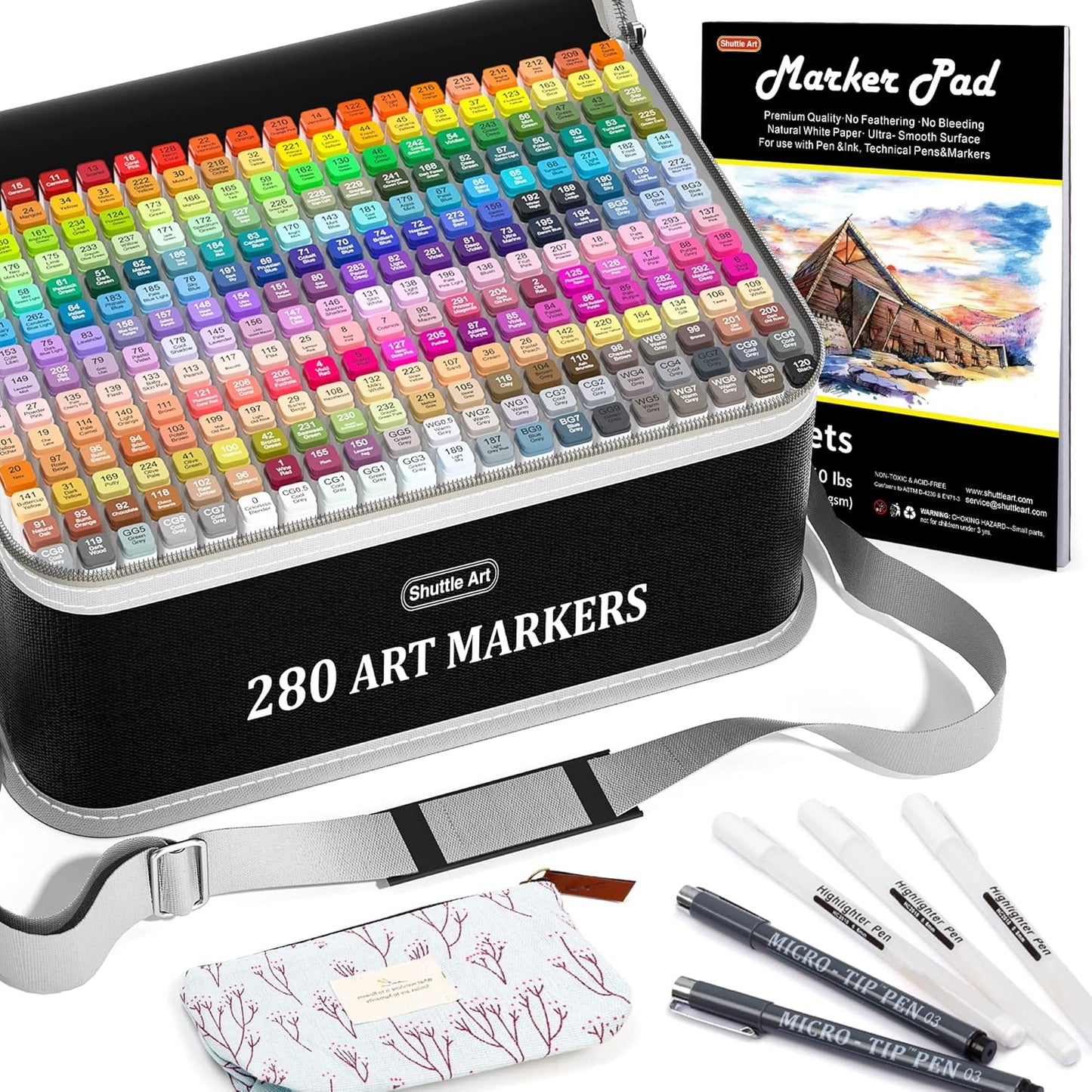 Shuttle Art 280 Colors Dual Tip Alcohol Based Art Markers, 279 Colors Permanent Marker Plus Colorless Blender, Micro-tip Pens, White Highlighter Pens, Marker Bag with Holders for Kids Adult Coloring
