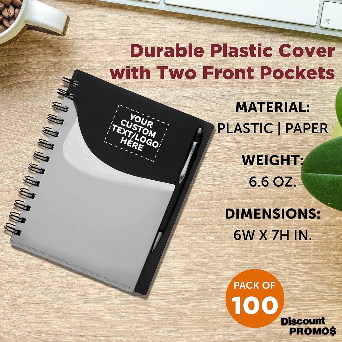 DISCOUNT PROMOS Custom Spiral Notebooks with Front Pocket Set of 100, Personalized Bulk Pack - Durable Plastic Cover, Includes Matching Pen in Blank Ink, Perfect for School, Office, Home - Black