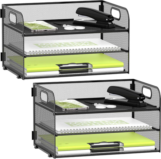Daltrack 3-Tier Mesh Desk Organizer with Handle - Paper Tray Organizer for A4 Files, Black 2 Pack