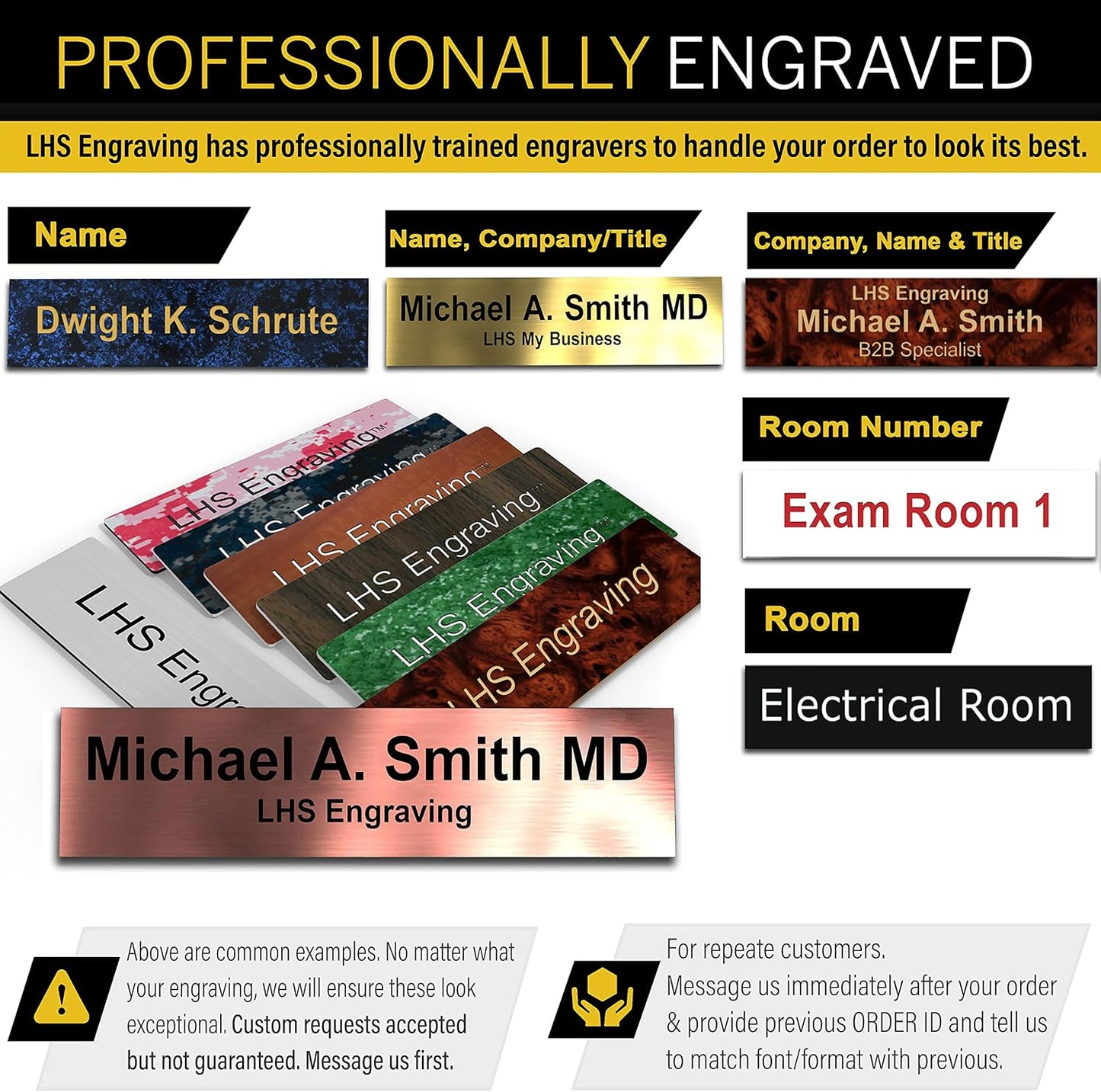 Engraved Name Plates for Door Sign Personalized Textured Copper Plastic Plaque with Black Letters - Made in USA 2x12 M2