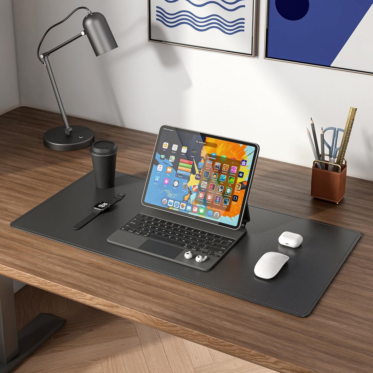 DAWNTREES Desk Mat Protector,PU Leather Laptop Pad,Non Slip, 23.6" x 13.8" Large Mouse Pad and Keyboard Mat, Waterproof Writing Pad for Office and Home (Black)