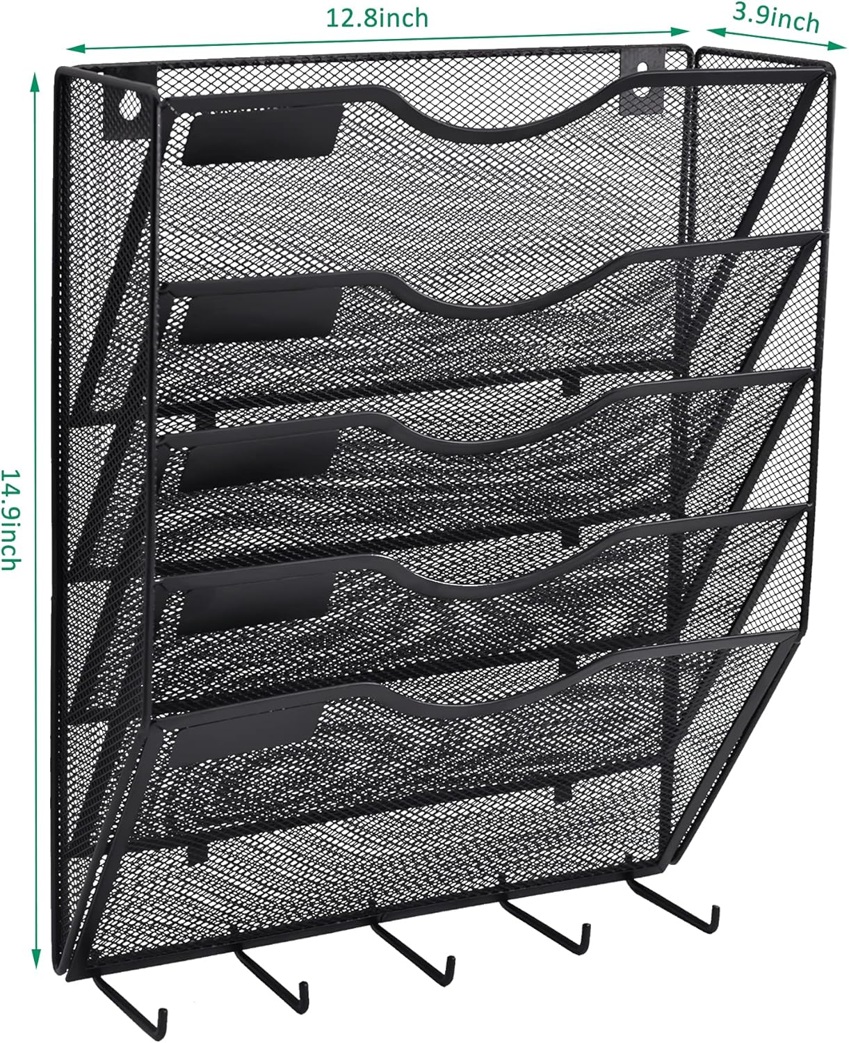 EASEPRES 5 Pocket Mesh Hanging File Organizer with Key Holder Hooks & Nametag Label, Wall Mounted Mail Paper Document Folder Storage Organization Magazine Rack for Office Cubicle, 5 Tier Black