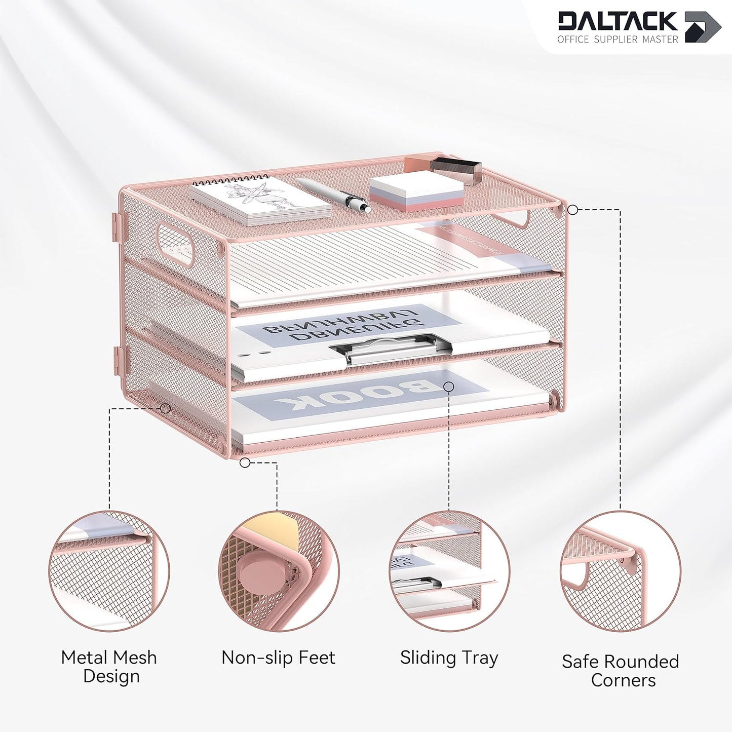 DALTACK 3 Tier Letter Tray Paper Organizer with Handle, Mesh Desk File Organizer, Paper Tray Desk Organizer for School Office Home, Metal Mesh, Pink