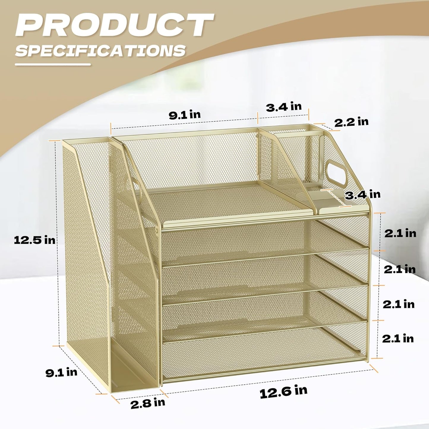 DocNest 5 Tier Paper Letter Tray File Organizer, Mesh Desk File with Handle, Workspace Desk Organizers with Pen Holder, Office Organization Storage Accessories - Gold Yellow