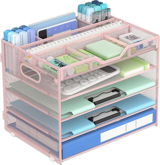 Docnest 5 Tier Mesh Desk Organizer- Letter Tray with Adjustable Compartments, Mesh Desktop Storage Built in Pen Holder and Handles, Desk Organizer Tray for Mail Documents Office Supplies–Pink