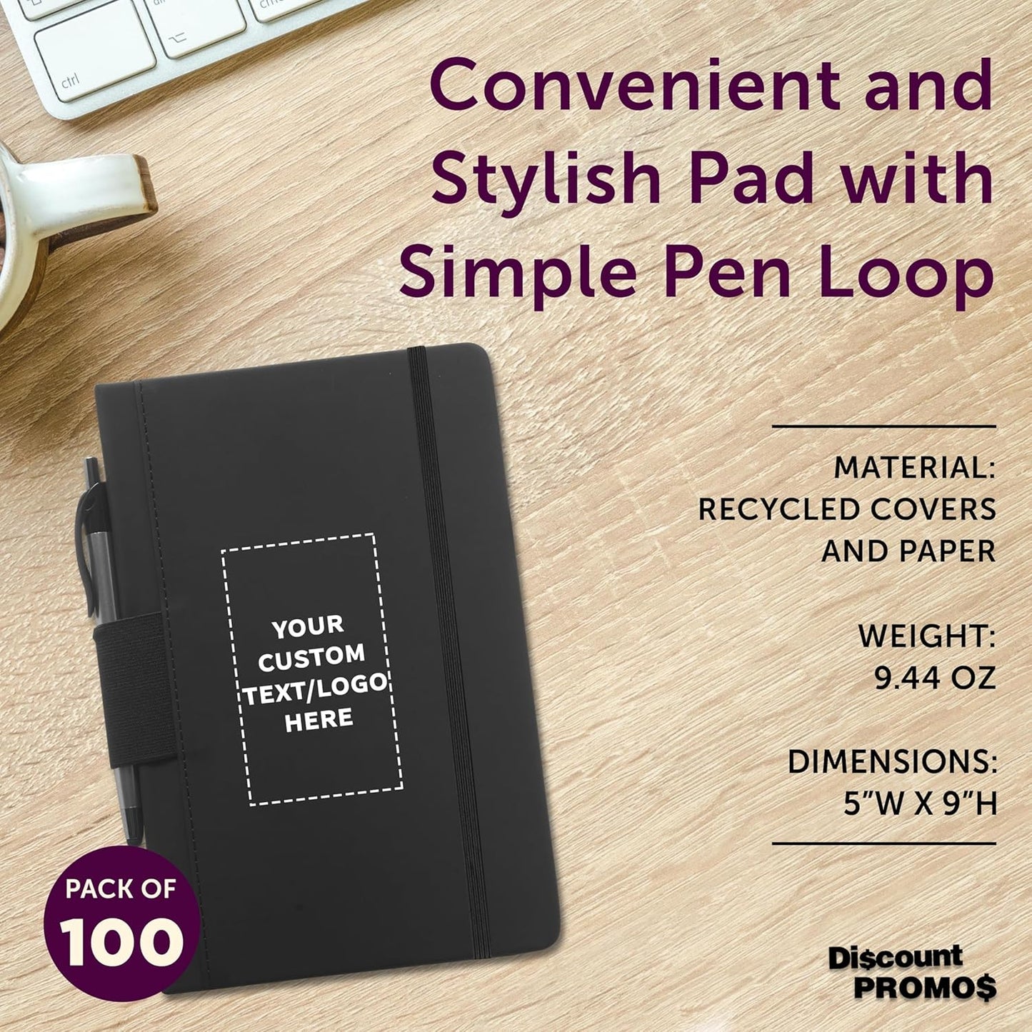 DISCOUNT PROMOS 100 Executive Notebooks with Pen Pack - Customizable Text, Logo - 6 x 8.5 inches, Recycled, Pen Loop, Closure Strap - Black