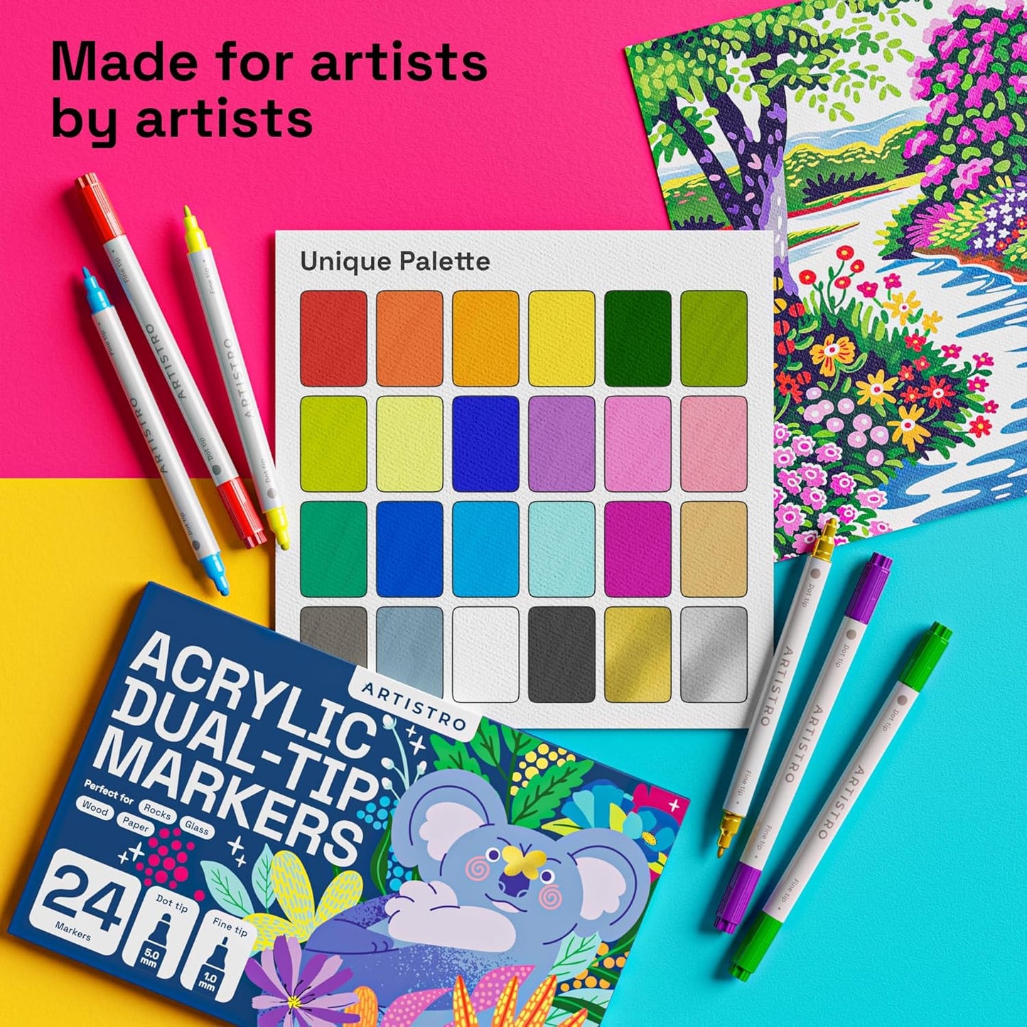 ARTISTRO Acrylic Paint Markers for Rock, Fabric, Wood, Glass, Craft - 24 Quick Dry Dual-Tip Paint Pens for Halloween Decorations - Pumpkin Painting Kit, Drawing Markers, Art Supplies, Christmas Gift