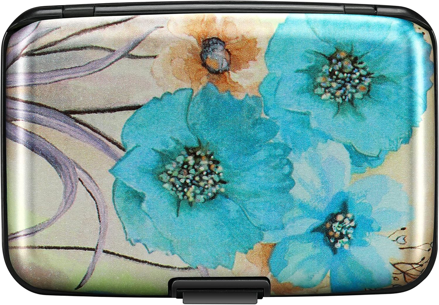 ELFISH Mini RFID Aluminum Wallet Credit Cards Holder Business Card Case Metal ID Case for Men Women(Blue Flower)