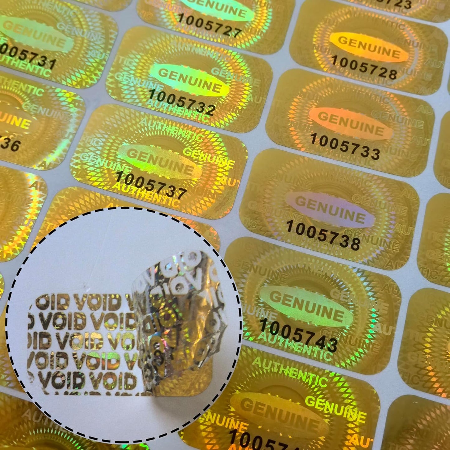 1200 pcs Hologram Tamper Proof Sticker, Security Tamper evident Label, Genuine Authentic Warranty Void Seal Labels with Unique Serial Number (1.2X0.68 inch,Glod)