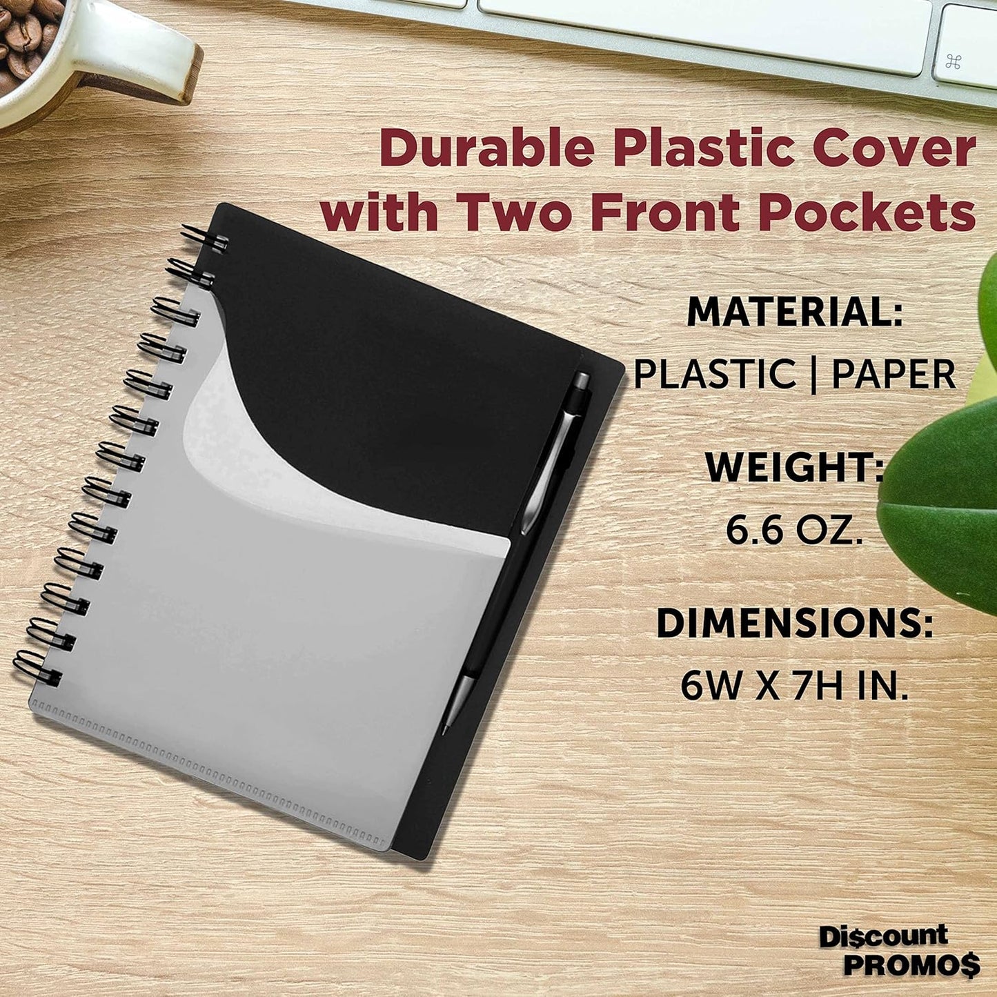 DISCOUNT PROMOS Spiral Notebooks with Front Pocket Set of 10, Bulk Pack - Durable Plastic Cover, Includes Matching Pen in Blank Ink, Perfect for School, Office, Home - Black