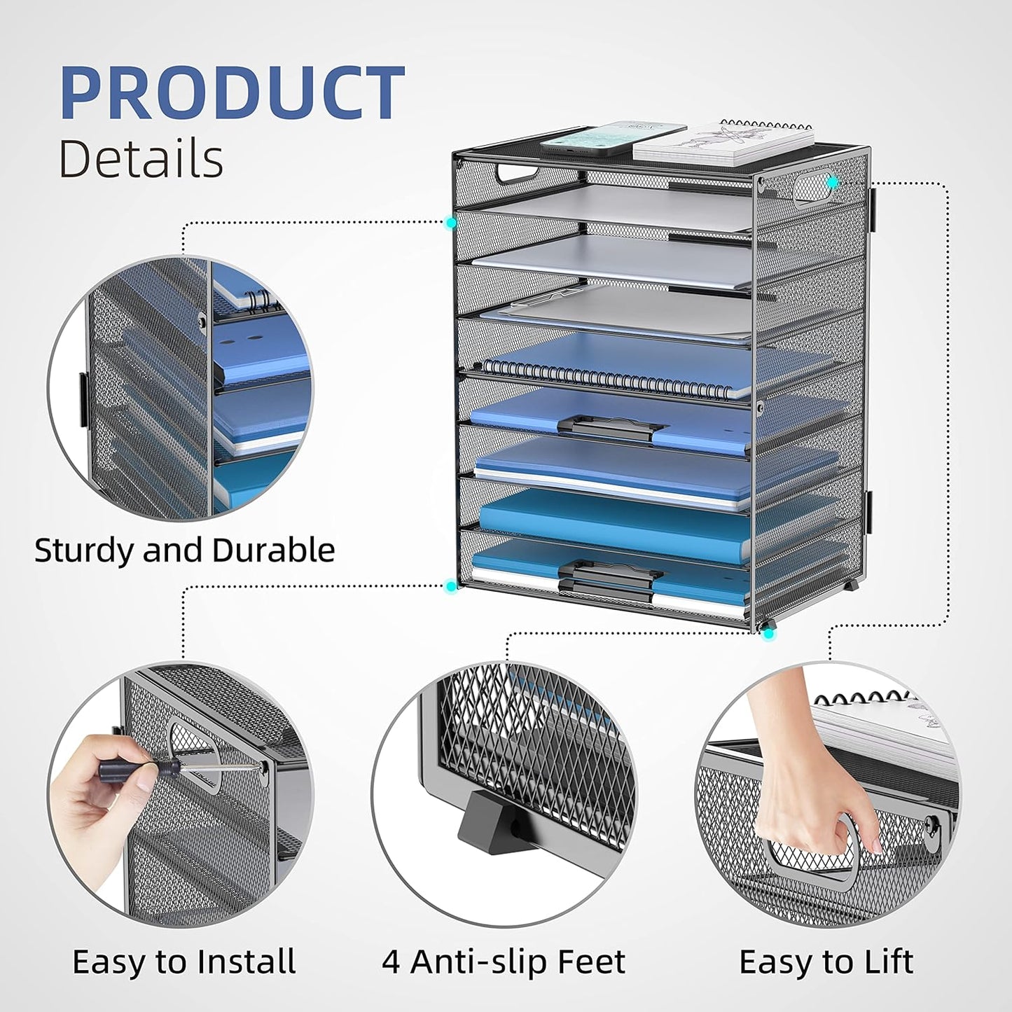 DALTACK 9-Tier Paper Letter Tray Desk Organizer with Handles, Mesh File Holder Organization, Paper Sorter Desk Organizer for Office Home School, Black 2 Pack
