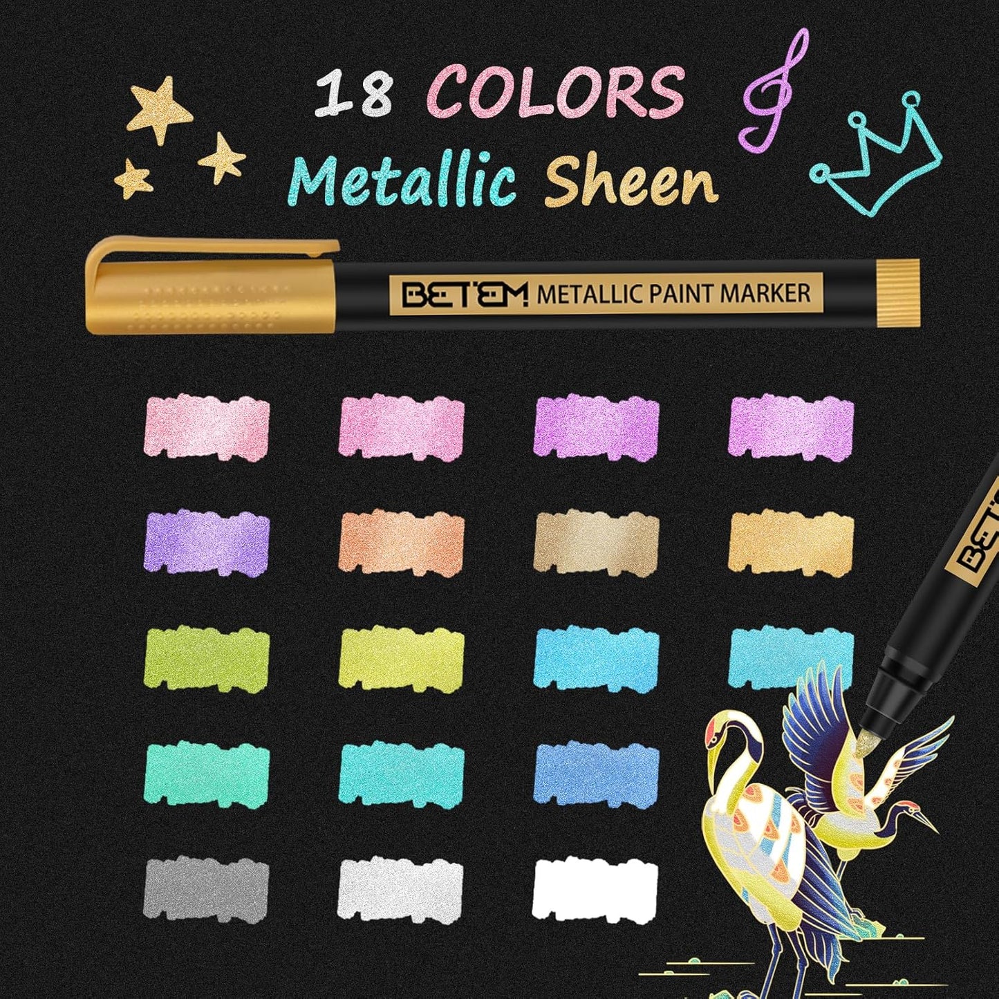 Betem Metallic Paint Markers, 18 Colors Acrylic Paint Markers for Black Paper，2mm Medium Tips Metallic Glitter Pens for Scrapbooking, Rock Painting, Greeting Cards, Photo Albums, DIY Art Crafts