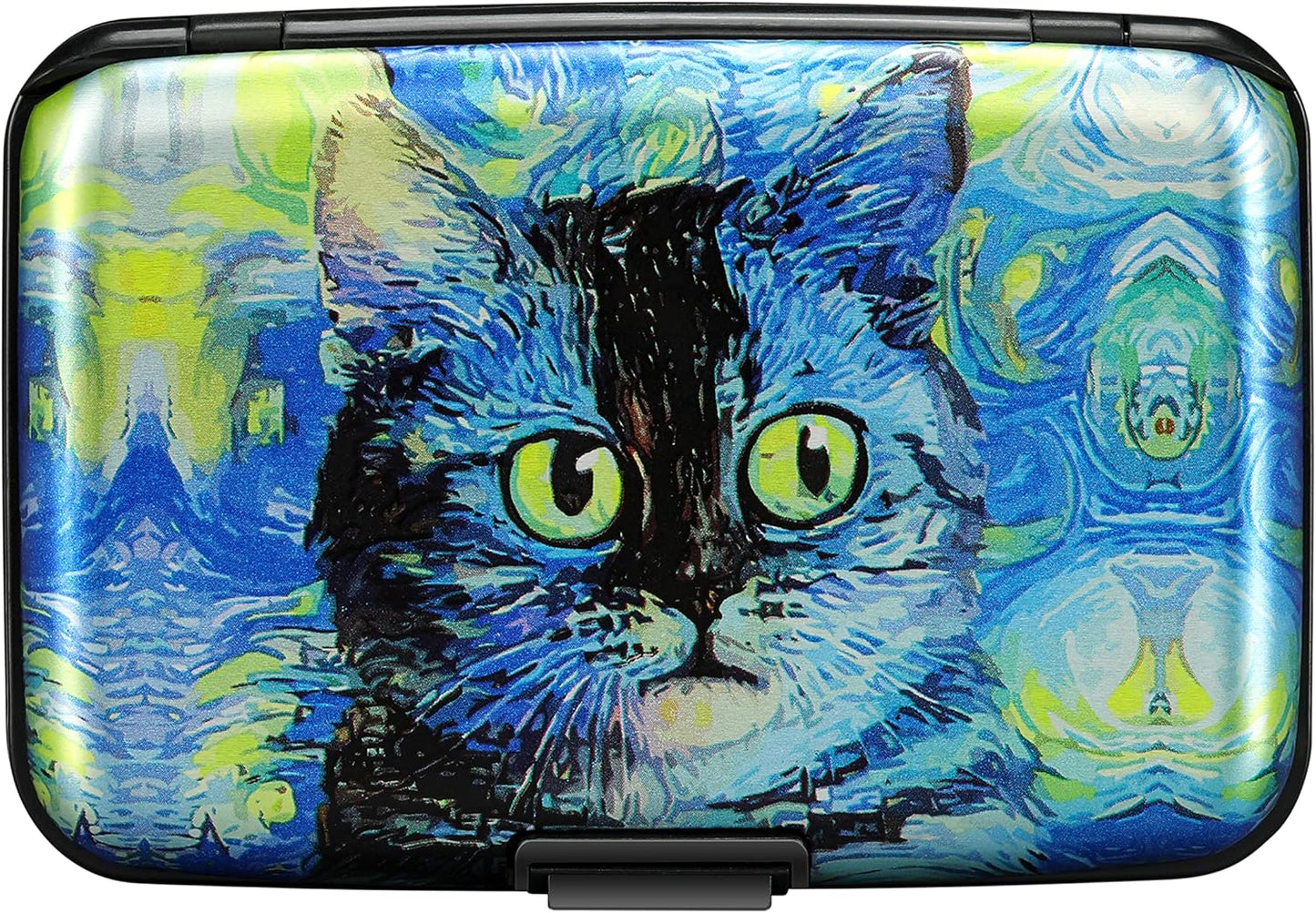 ELFISH Mini RFID Aluminum Wallet Credit Cards Holder Business Card Case Metal ID Case for Men Women(Blue Cat)