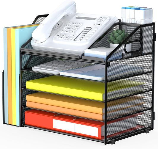 DocNest 5 Tier Paper Letter Tray File Organizer, Mesh Desk File with Handle, Workspace Desk Organizers with Pen Holder, Office Organization Storage Accessories - Black