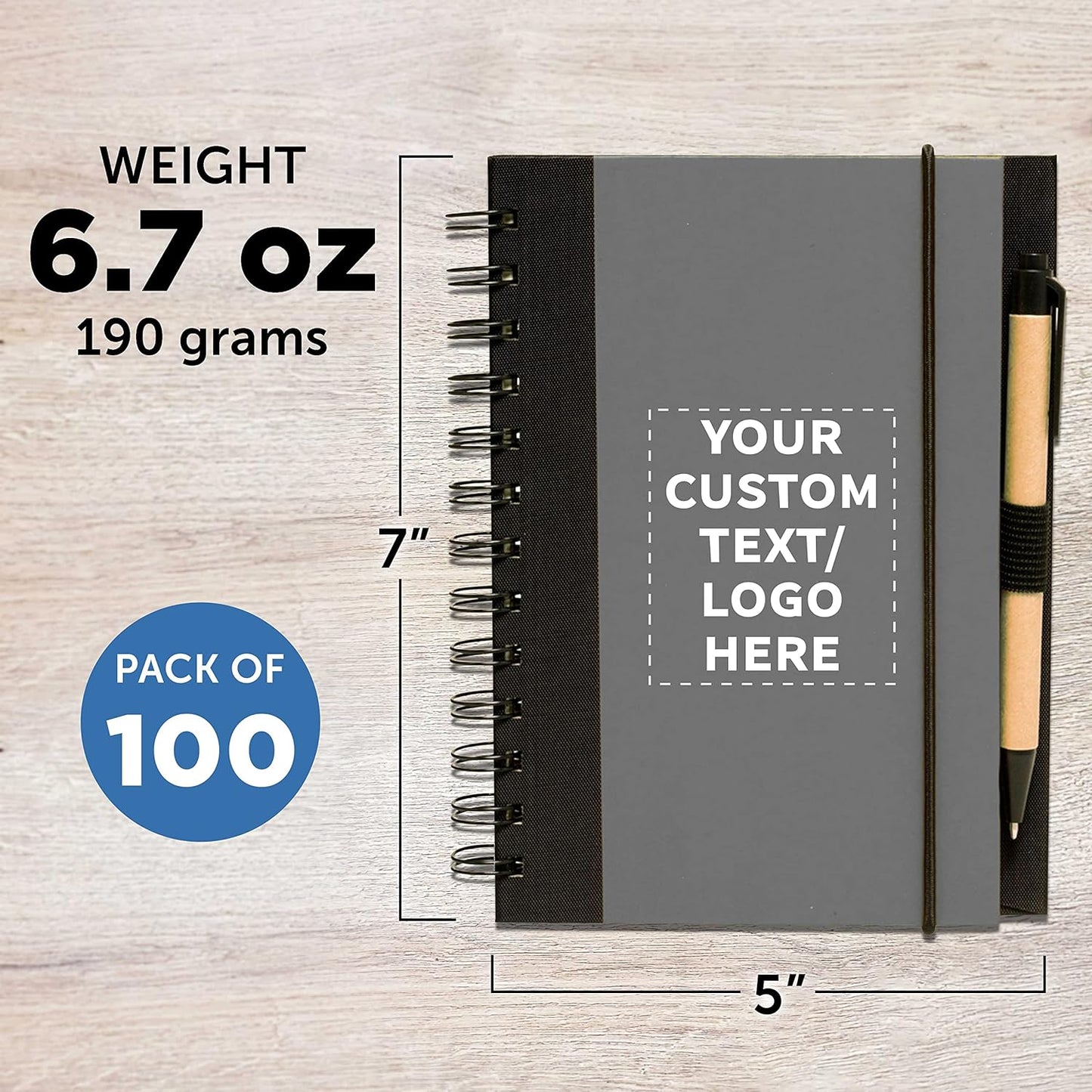 DISCOUNT PROMOS Custom Eco Block Notebooks with Pens Set of 100, Personalized Bulk Pack - Perfect for School, Office, Business, Home - Smoke