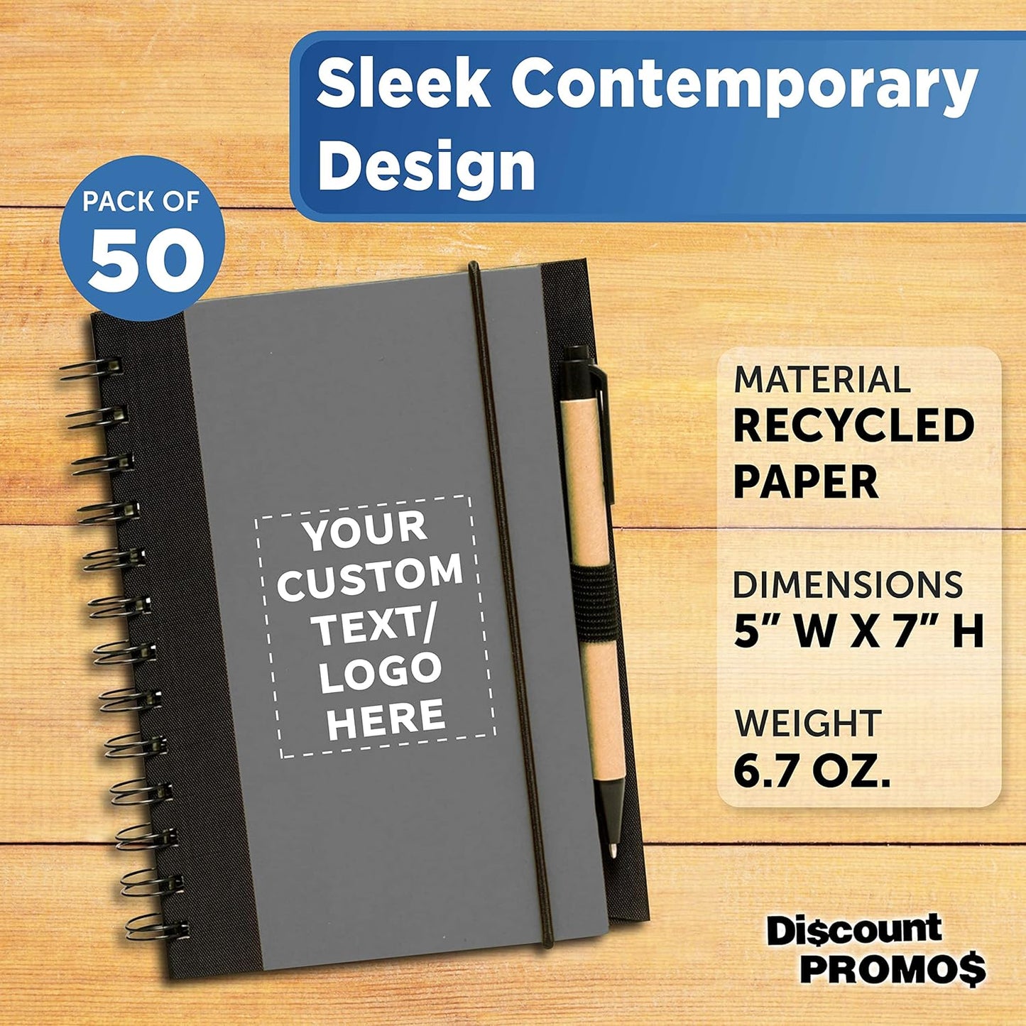 DISCOUNT PROMOS Custom Eco Block Notebooks with Pens Set of 50, Personalized Bulk Pack - Perfect for School, Office, Business, Home - Smoke