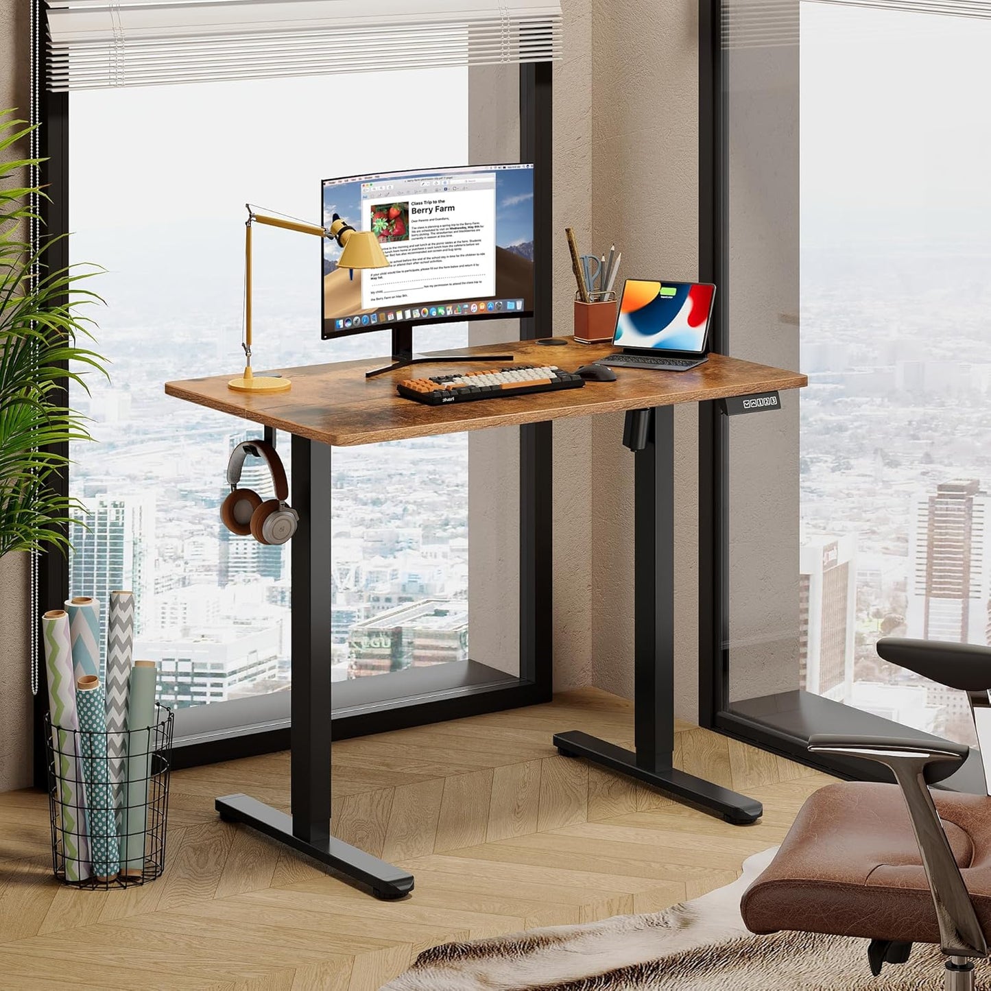 DEVAISE 40 Inch Electric Standing Desk, 3 Adjustable Height Stand up Desk for Home Office, Ergonomic Sit to Stand Desk with LED Touchscreen, 3 Memory Preset Computer Desk (Rustic Brown)