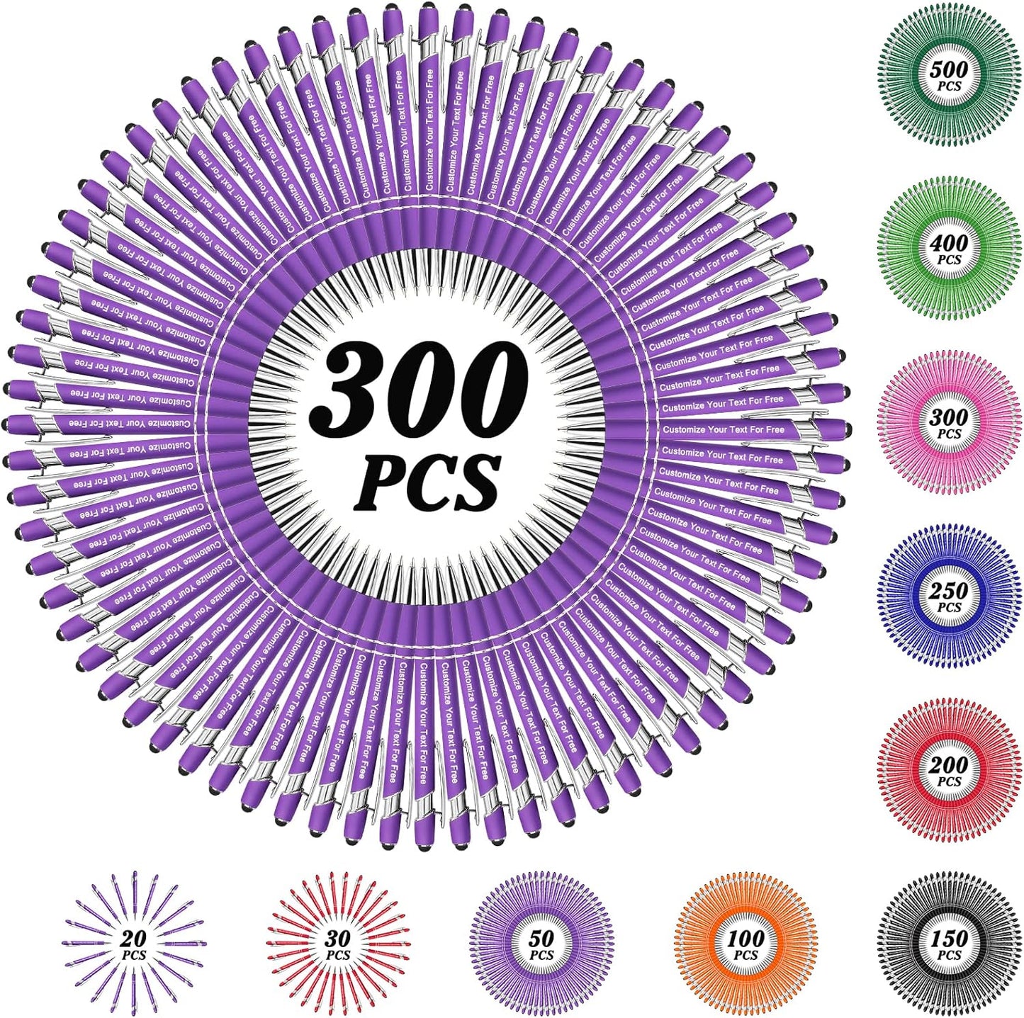 Max 500 Pcs Personalized Pens Bulk, Custom Pens with Free Engraving, Customized Stylus Tip Ballpoint Pen with Your Name Massage Text for School Office Business Graduation Anniversaries-300 Packs