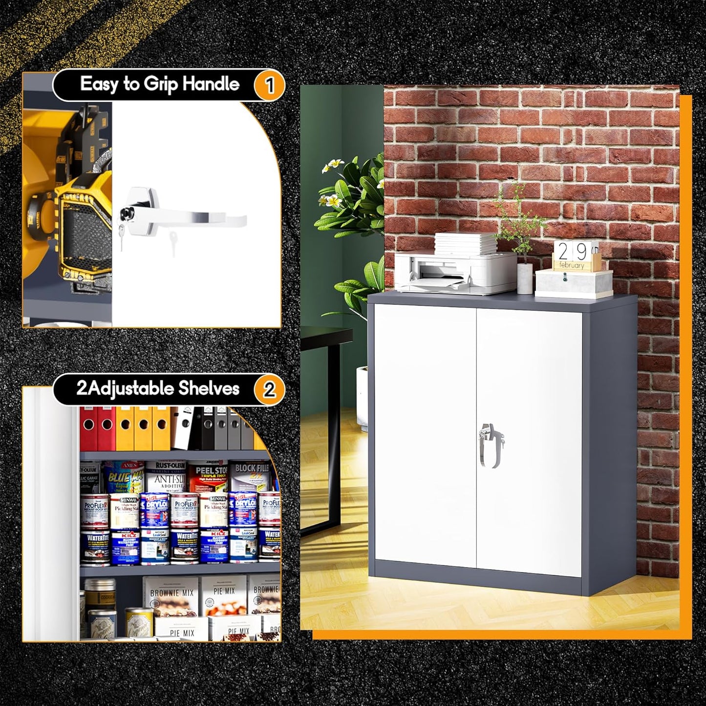 Greenvelly Metal Garage Storage Cabinet, Lockable Metal Cabinets with 2 Doors and Shelves,36”Steel Storage Locking Counter Cabinet for Office,Garage,Kitchen,Home,School(Grey White)