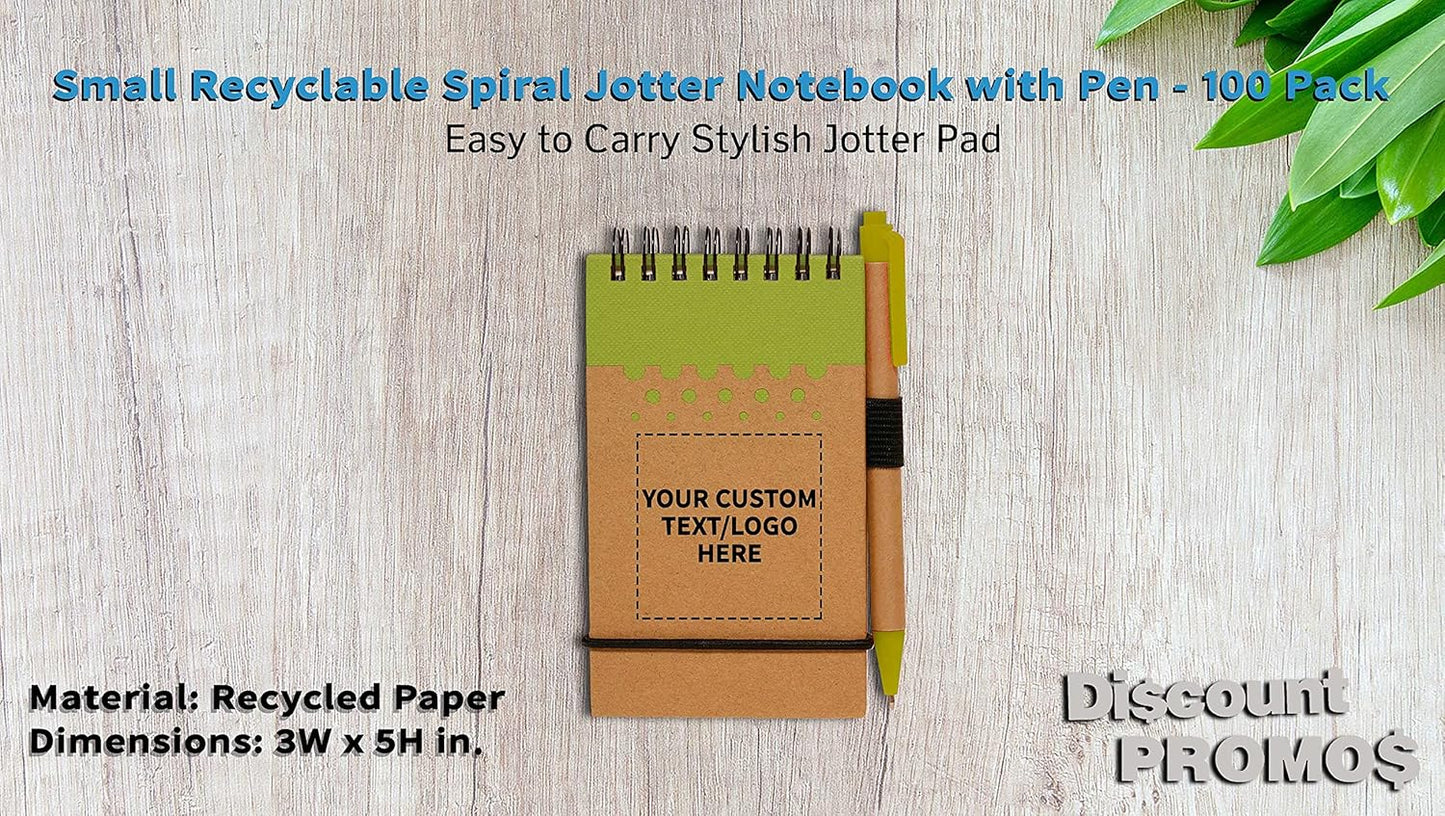 DISCOUNT PROMOS 100 Recyclable Spiral Small Notebooks Pack - Customizable Text, Logo - 60 Lined Pages - Lime Green