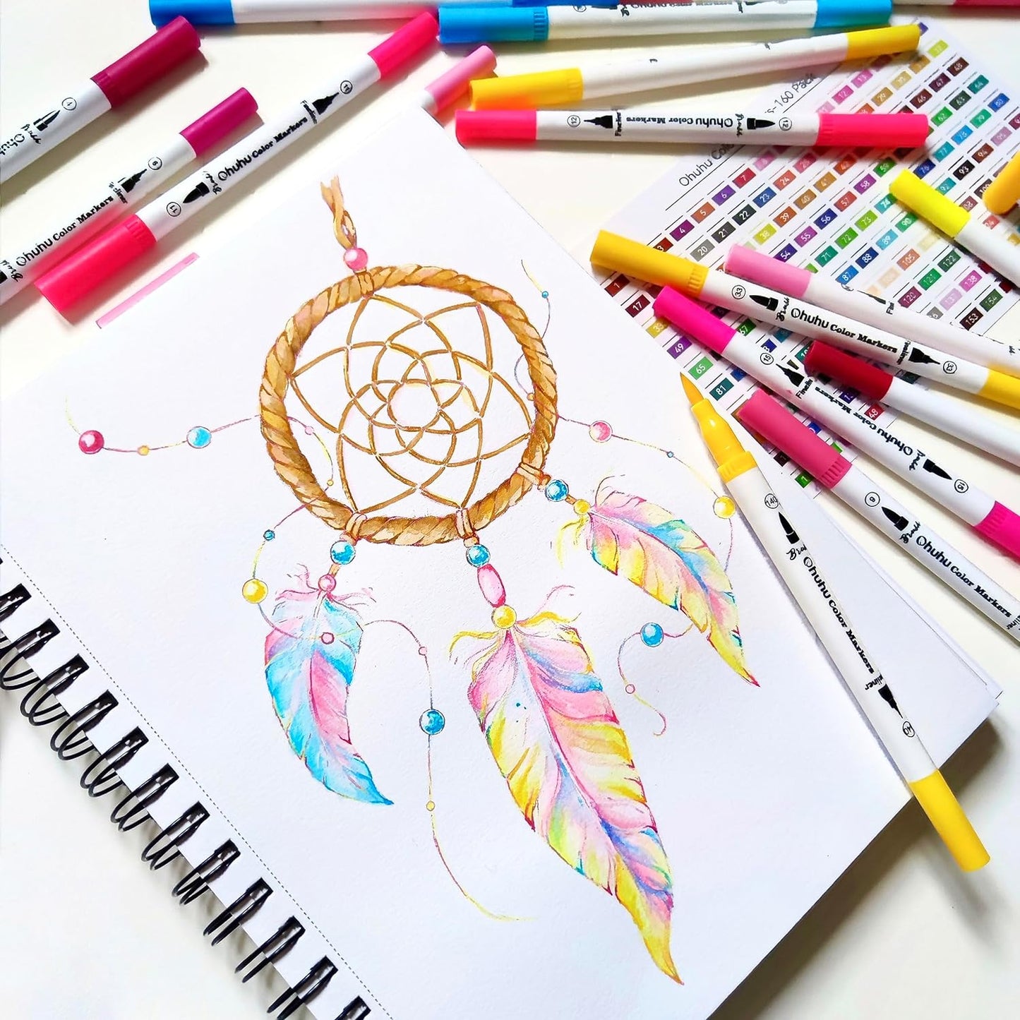 Ohuhu Markers for Adult Coloring Books No Bleeding 100 Colors Water-based Dual Tips Fineliner & Brush Coloring Markers for Kids Adults Beginners Drawing Pens for Journaling Lettering - Maui - White