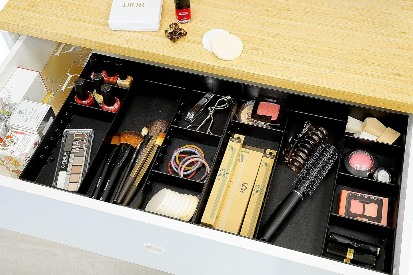 CAXXA 3 Slot Drawer Organizer with 4 Adjustable Dividers - 7 Compartments Junk Drawer Storage for Makeup & Vanity, Office Desk Supplies and Accessories, BLACK (2 pack)