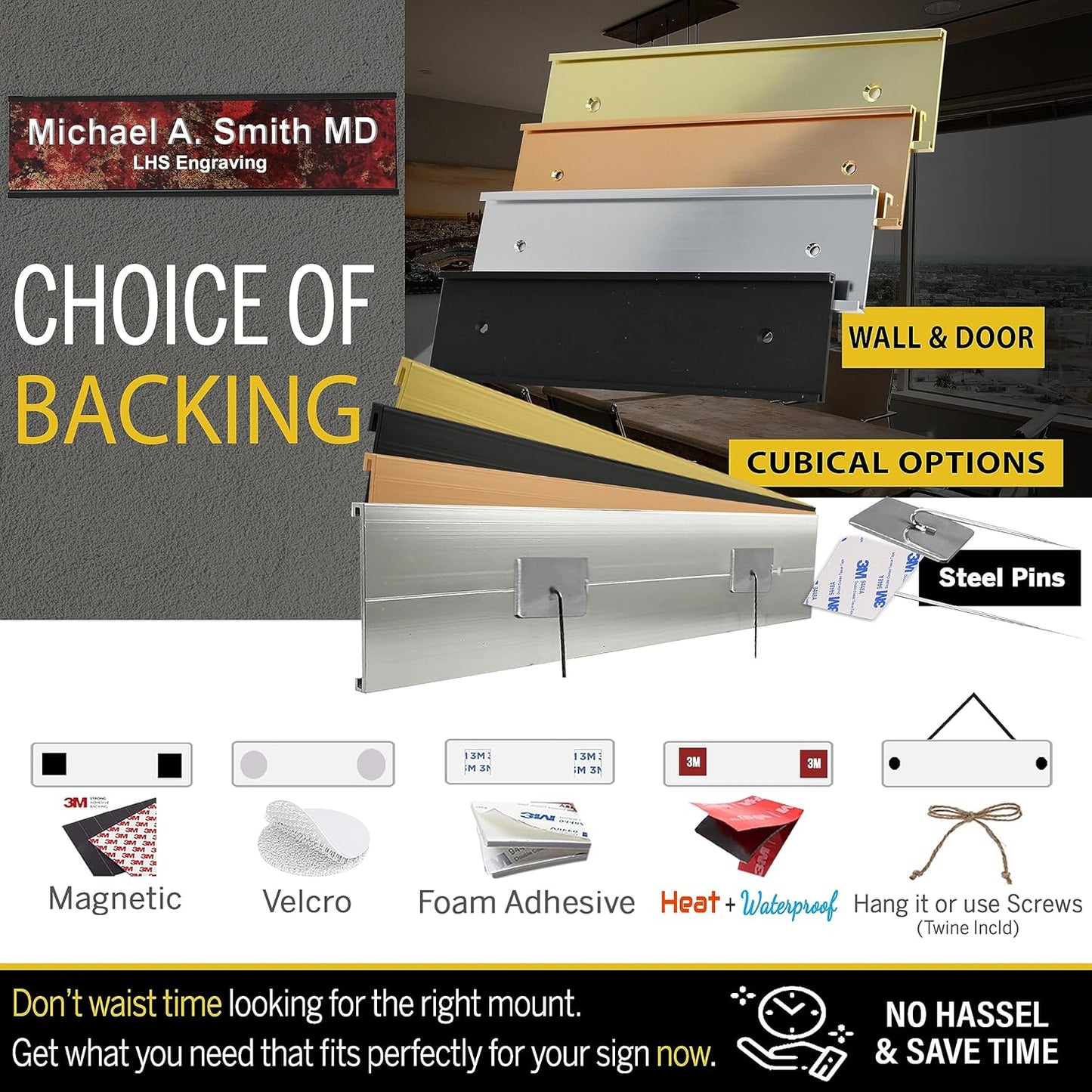 Engraved Door Signs for Office Personalized Black Plastic Door Plaque Gold Letters - Made in USA 2x12 B3