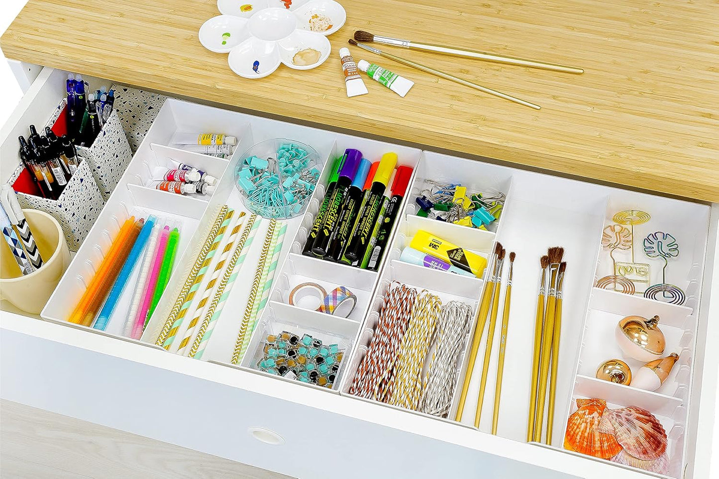 CAXXA 3 Slot Drawer Organizer with 4 Adjustable Dividers - Junk Drawer Storage for Makeup & Vanity, Office Desk Supplies and Accessories (WHITE, 1 PACK)