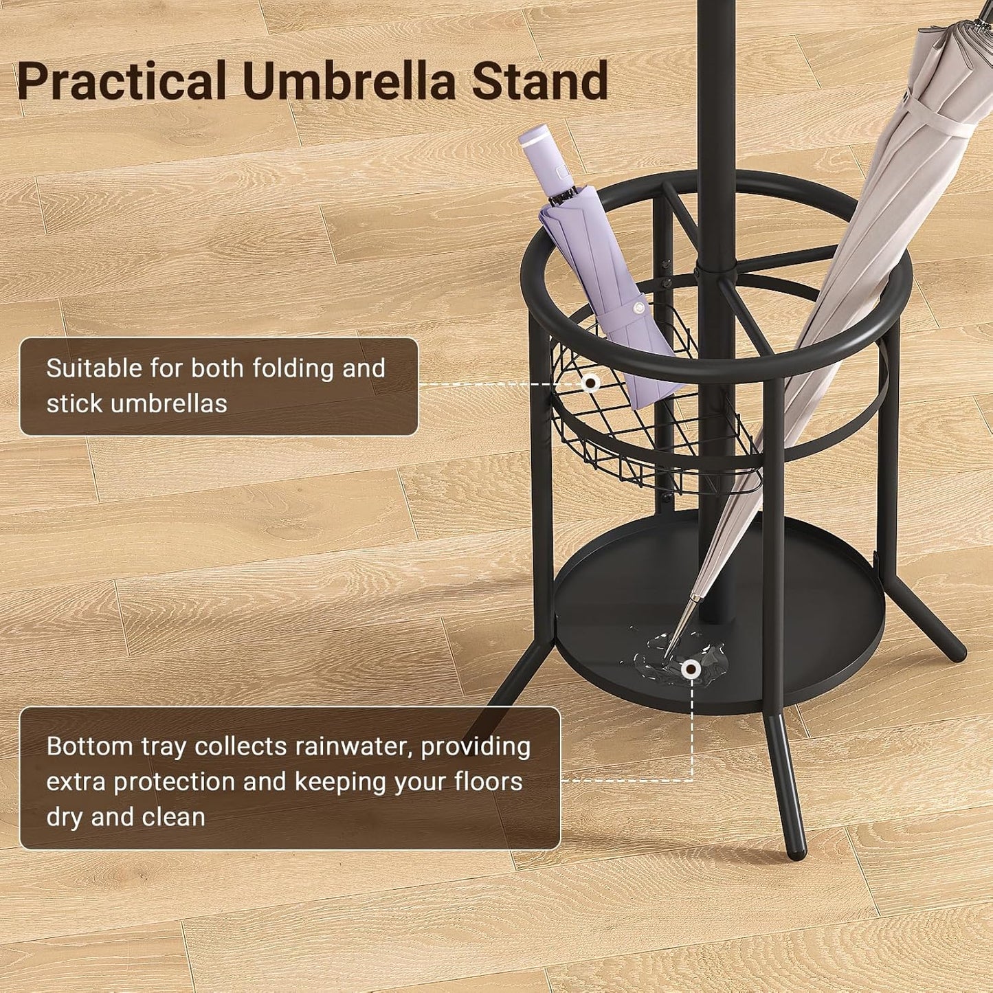 ELYKEN Coat Rack Freestanding, Metal Coat Rack Stand with Umbrella Holder, Modern Coat Tree with 12 Hooks, Floor Standing Corner Hall Tree for Entryway Living Room Bedroom Office, Black