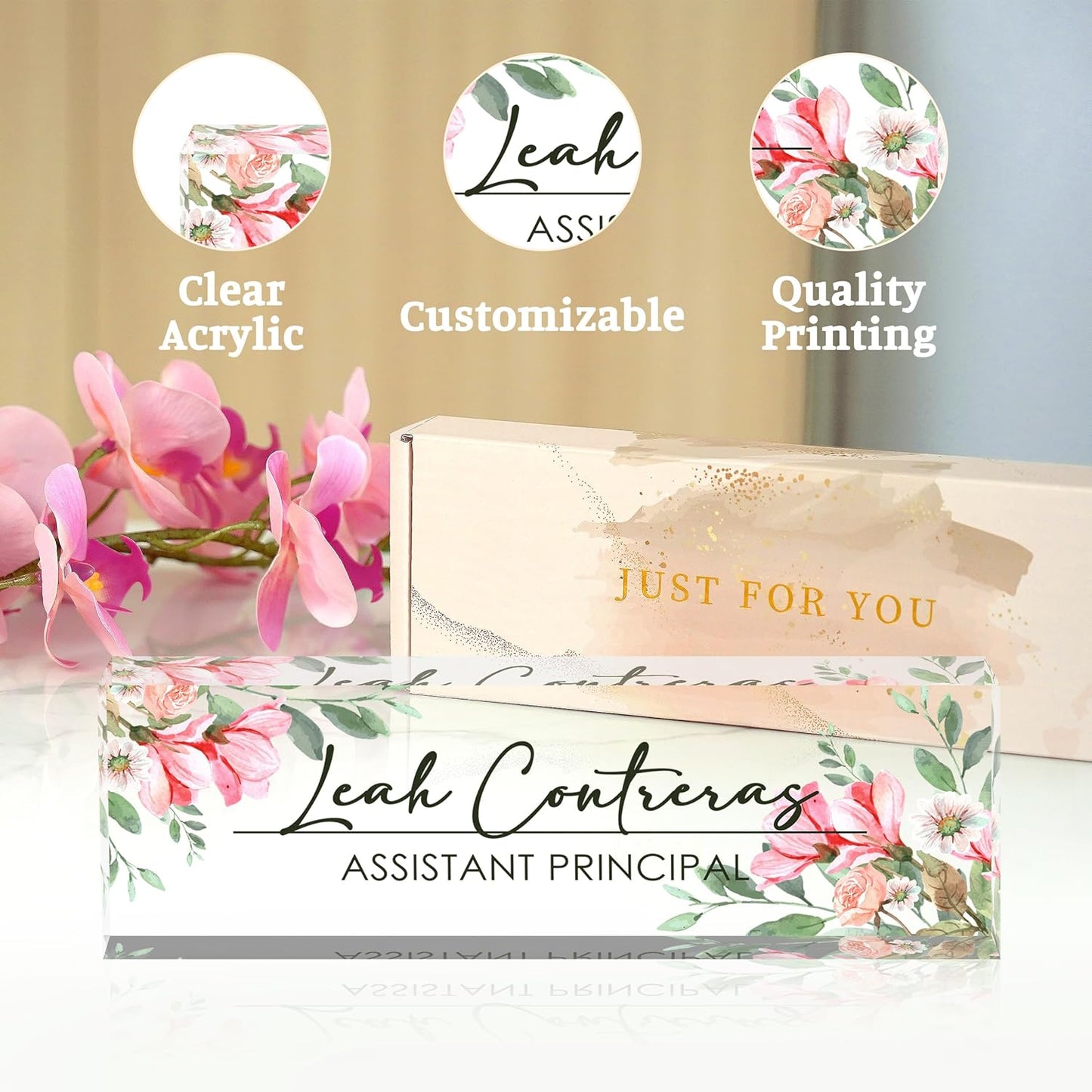 Desk Name Plate Personalized, Custom Name Plate for Desk, Office Desk Decor for Women and Men, Employee Appreciation Gifts Office Gifts for Boss, Manager, Teacher, Nurse (Tender Flower)