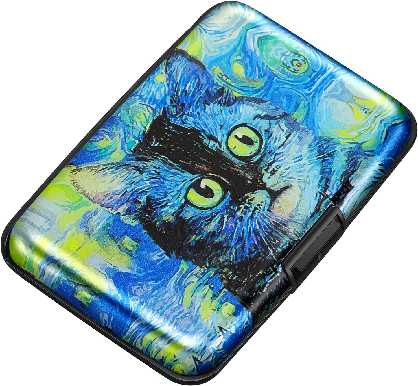 ELFISH Mini RFID Aluminum Wallet Credit Cards Holder Business Card Case Metal ID Case for Men Women(Blue Cat)