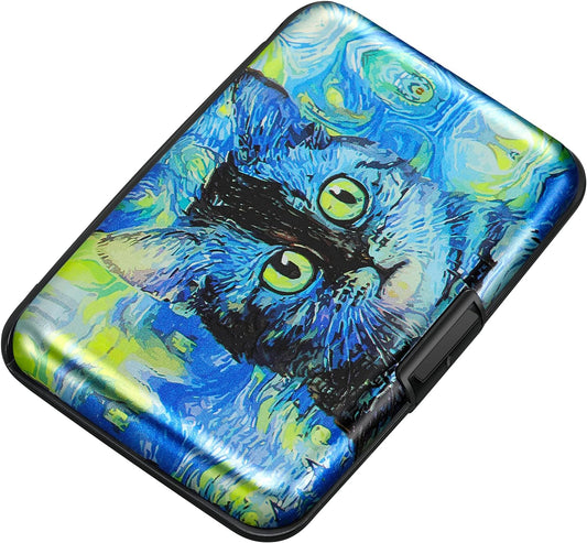 ELFISH Mini RFID Aluminum Wallet Credit Cards Holder Business Card Case Metal ID Case for Men Women(Blue Cat)