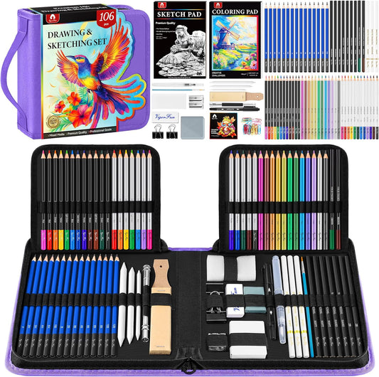 106 PCS Art Supplies Sketching Kit, Pro Drawing Pencils with 3-Color Sketchbook, Coloring Book, Colored Graphite Charcoal Watercolor & Metallic Pencils, Drawing Supplies Gifts for Artists Adults Kids